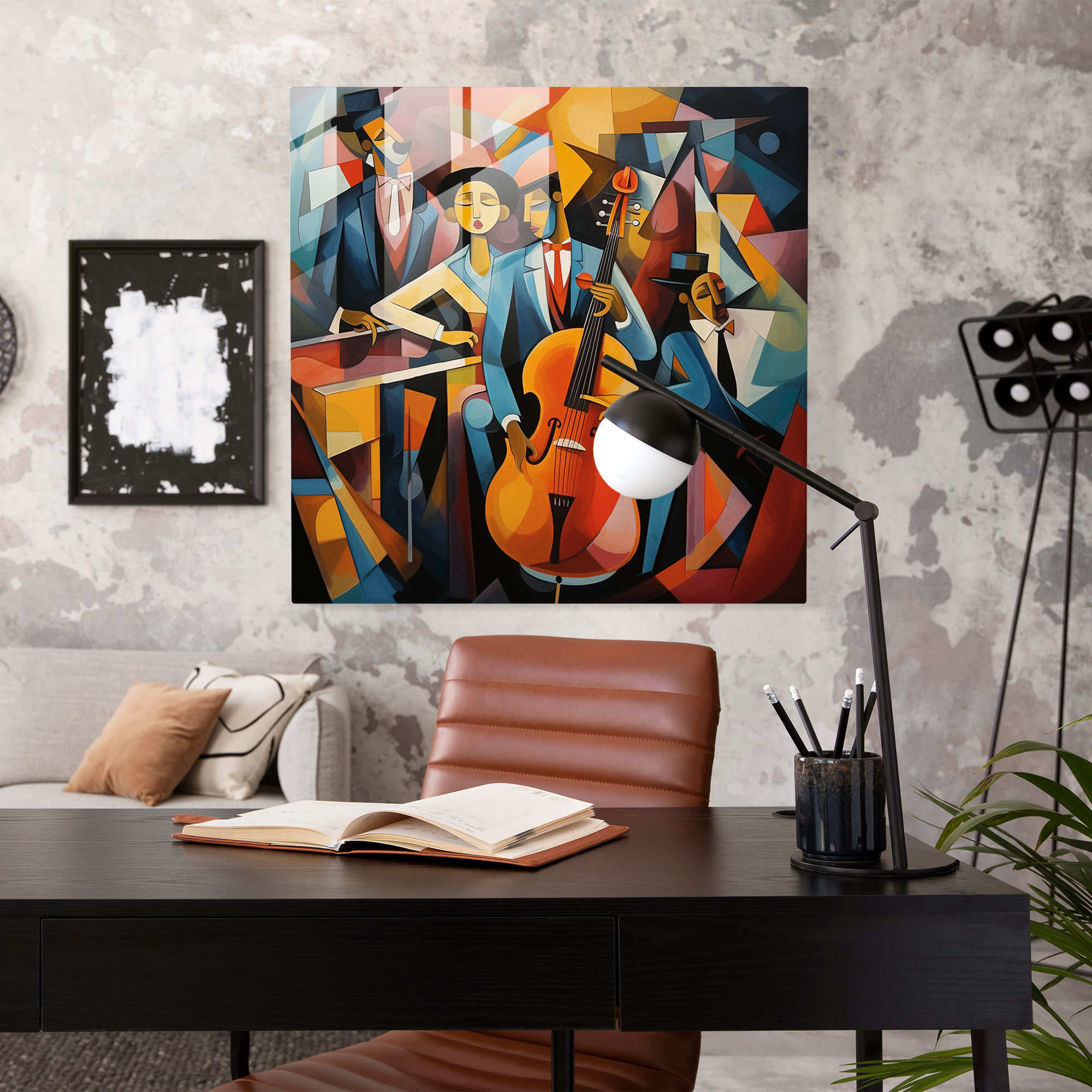 Cubist Glass Print: Lively Jazz Band, Abstract Shapes, Fragmented Forms Glass Wall Art