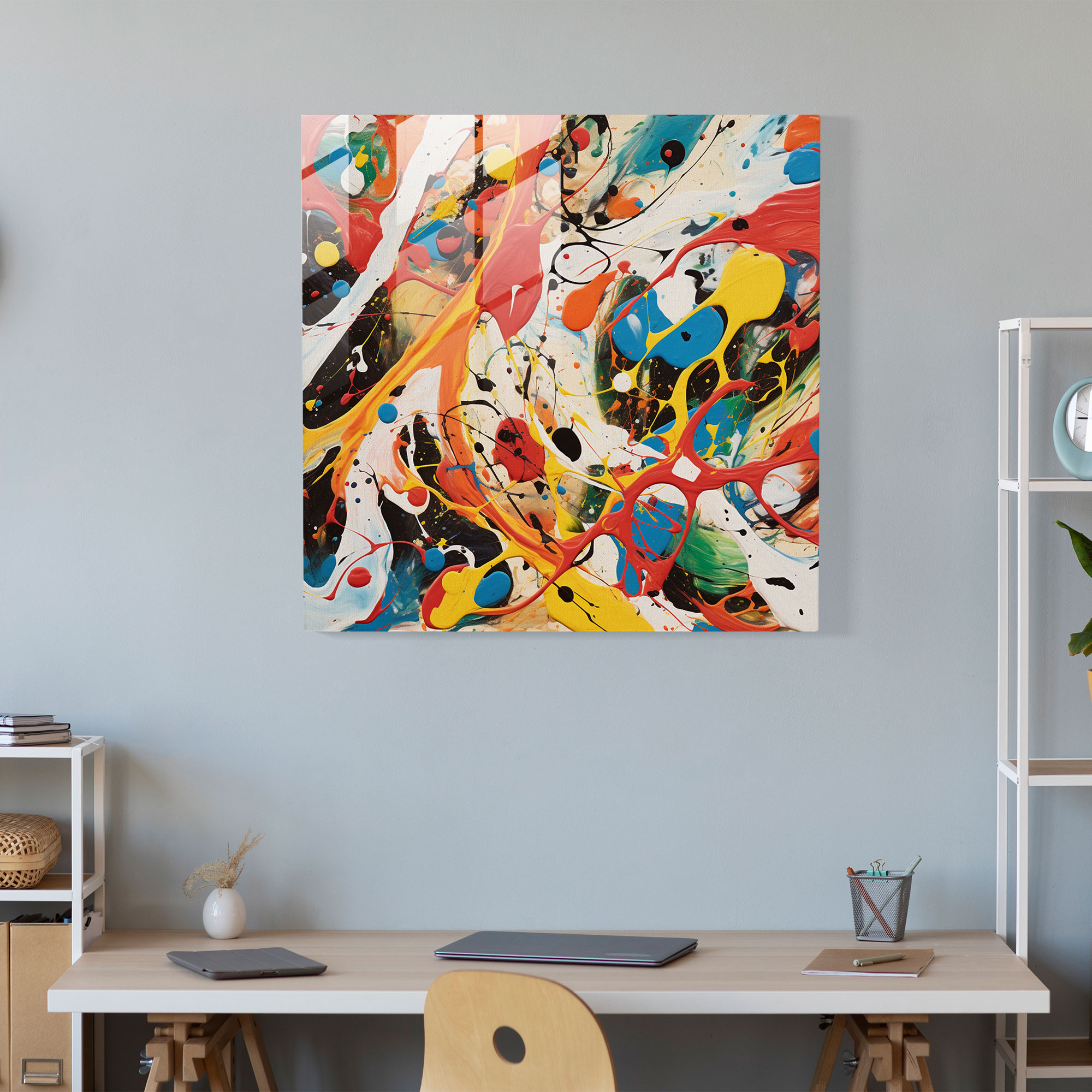 Buntes Abstraktes Glasbild im Stil von Jackson Pollock