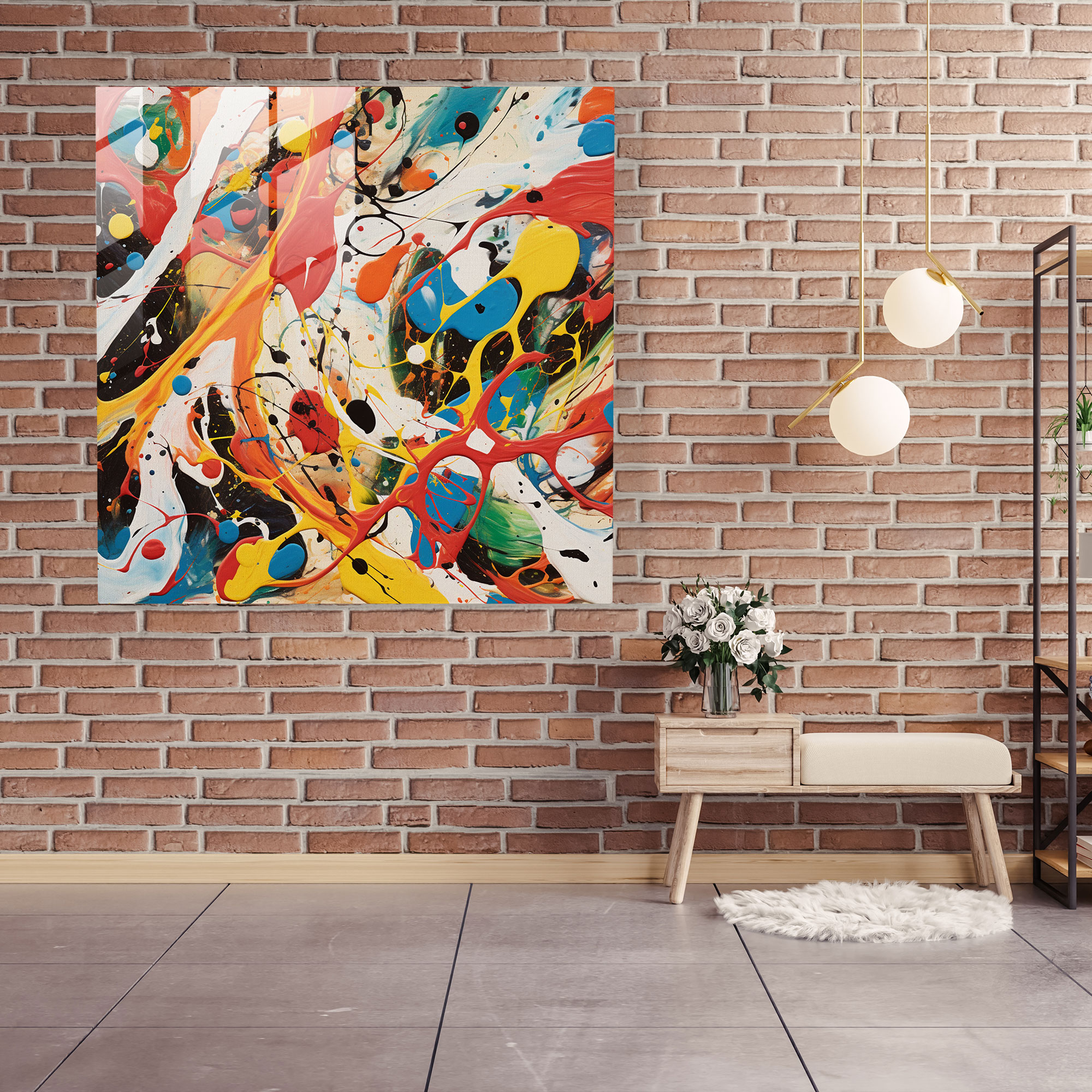 Buntes Abstraktes Glasbild im Stil von Jackson Pollock