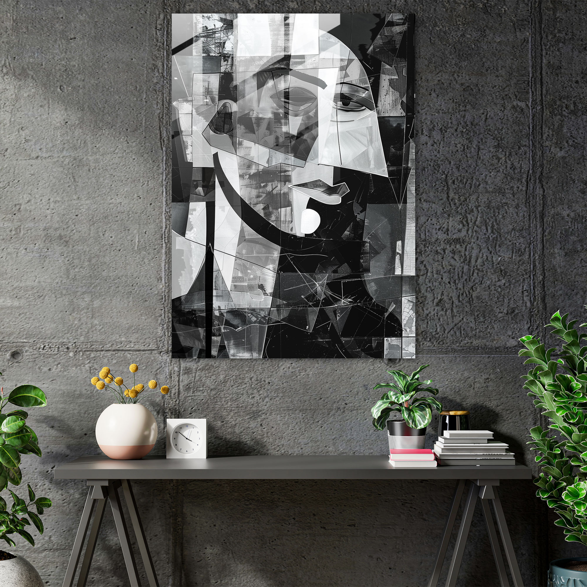 Grayscale Cubism Collage Glass Wall Art - Cubism, Modern Art, Glass Wall Art, Glass Art