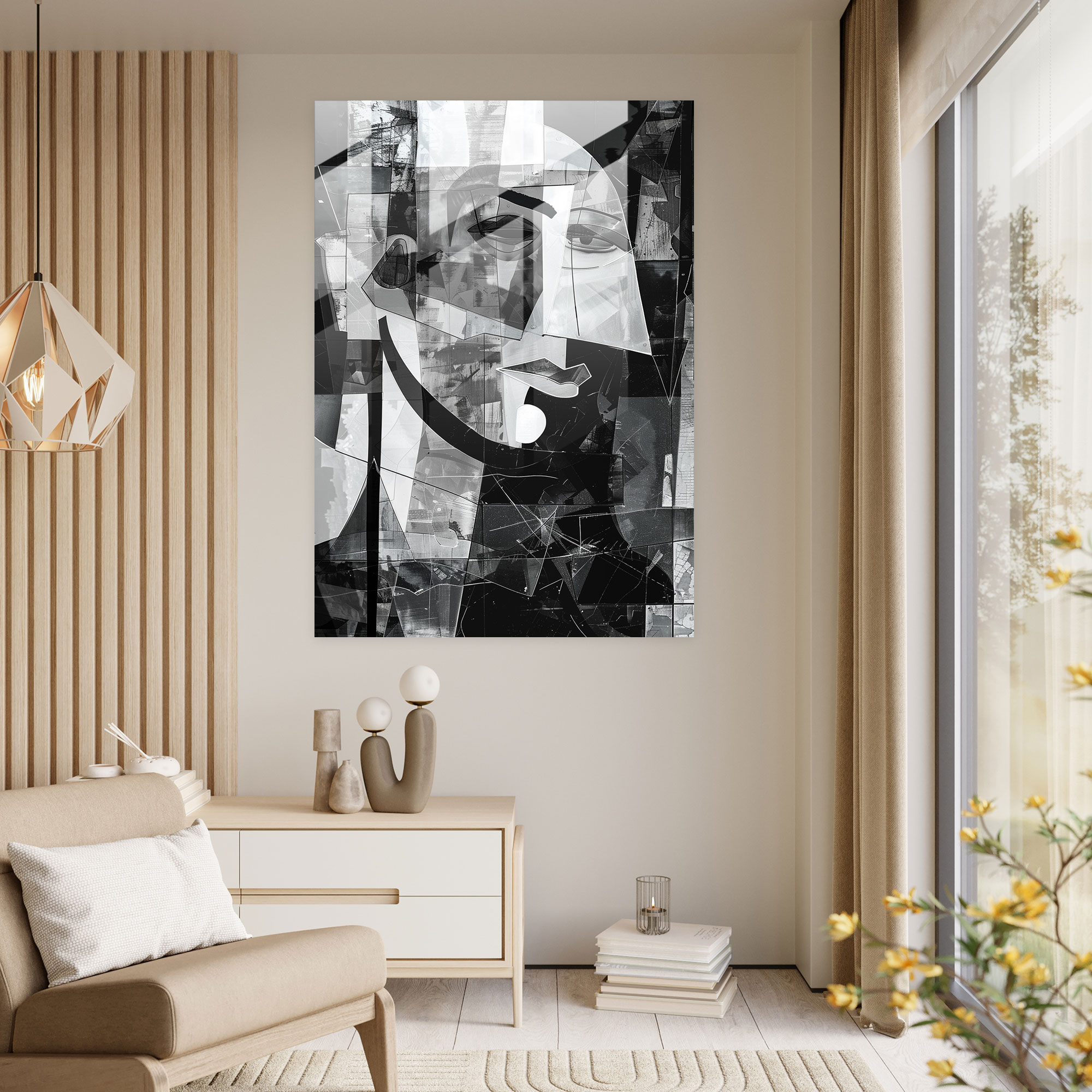 Grayscale Cubism Collage Glass Wall Art - Cubism, Modern Art, Glass Wall Art, Glass Art
