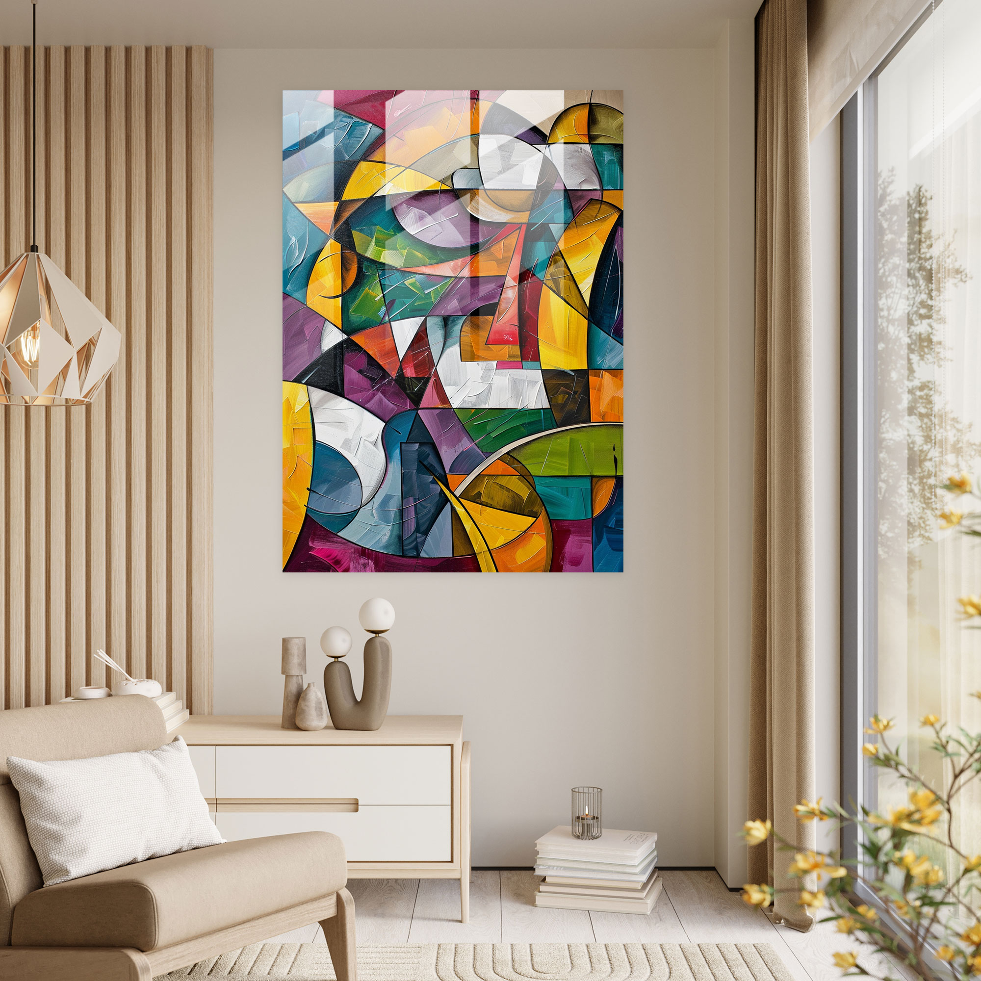 Colorful Abstract Forms Cubism Home Decoration - Cubism, Modern Art, Home Decoration, Glass Print