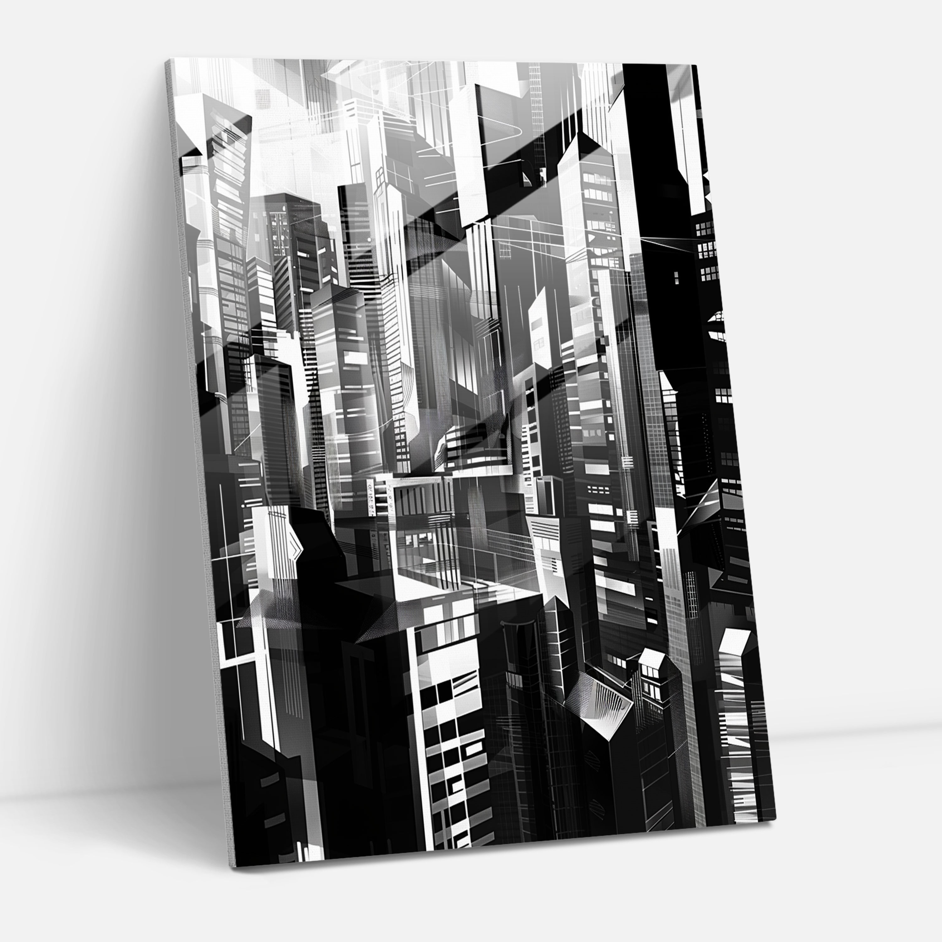 Monochromatic Cityscape Cubism Glass Print - Cubism, Home Decoration, Glass Print, Glass Art