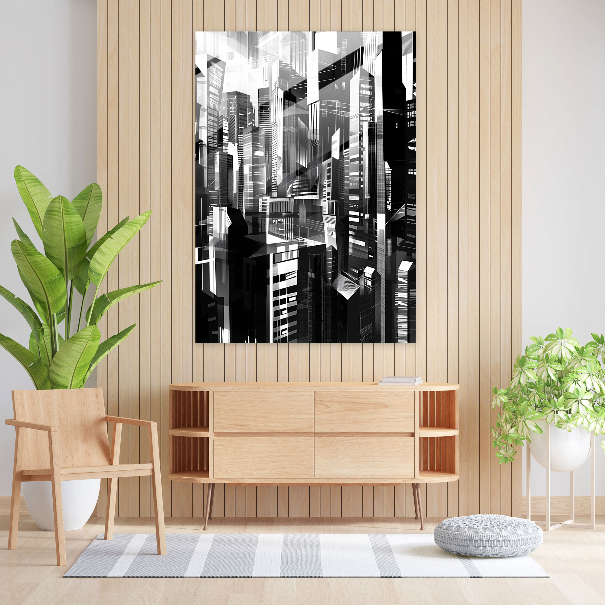 Monochromatic Cityscape Cubism Glass Print - Cubism, Home Decoration, Glass Print, Glass Art
