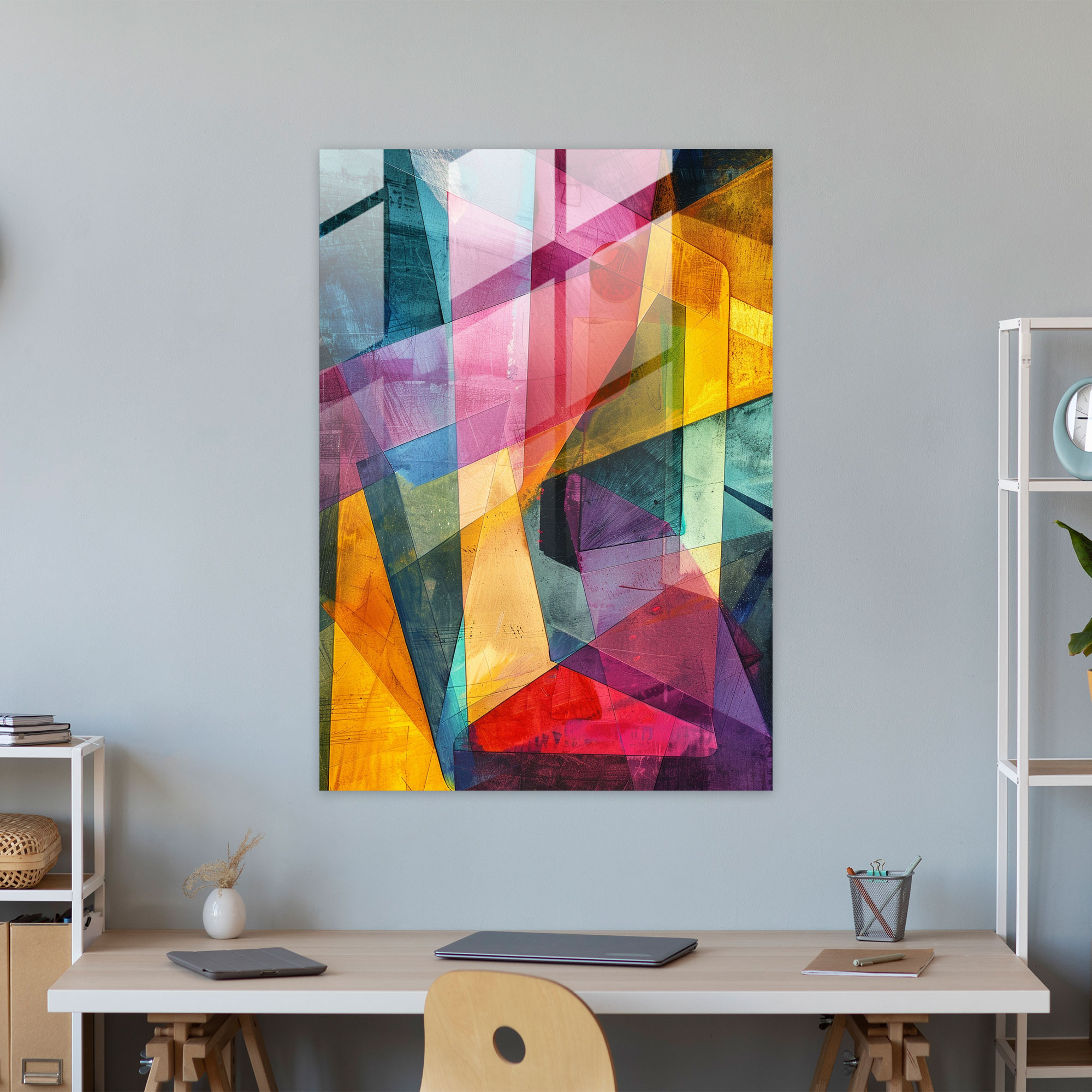 Colorful Overlapping Shapes Cubism Glass Print - Cubism, Cubism, Home Decoration, Modern Art