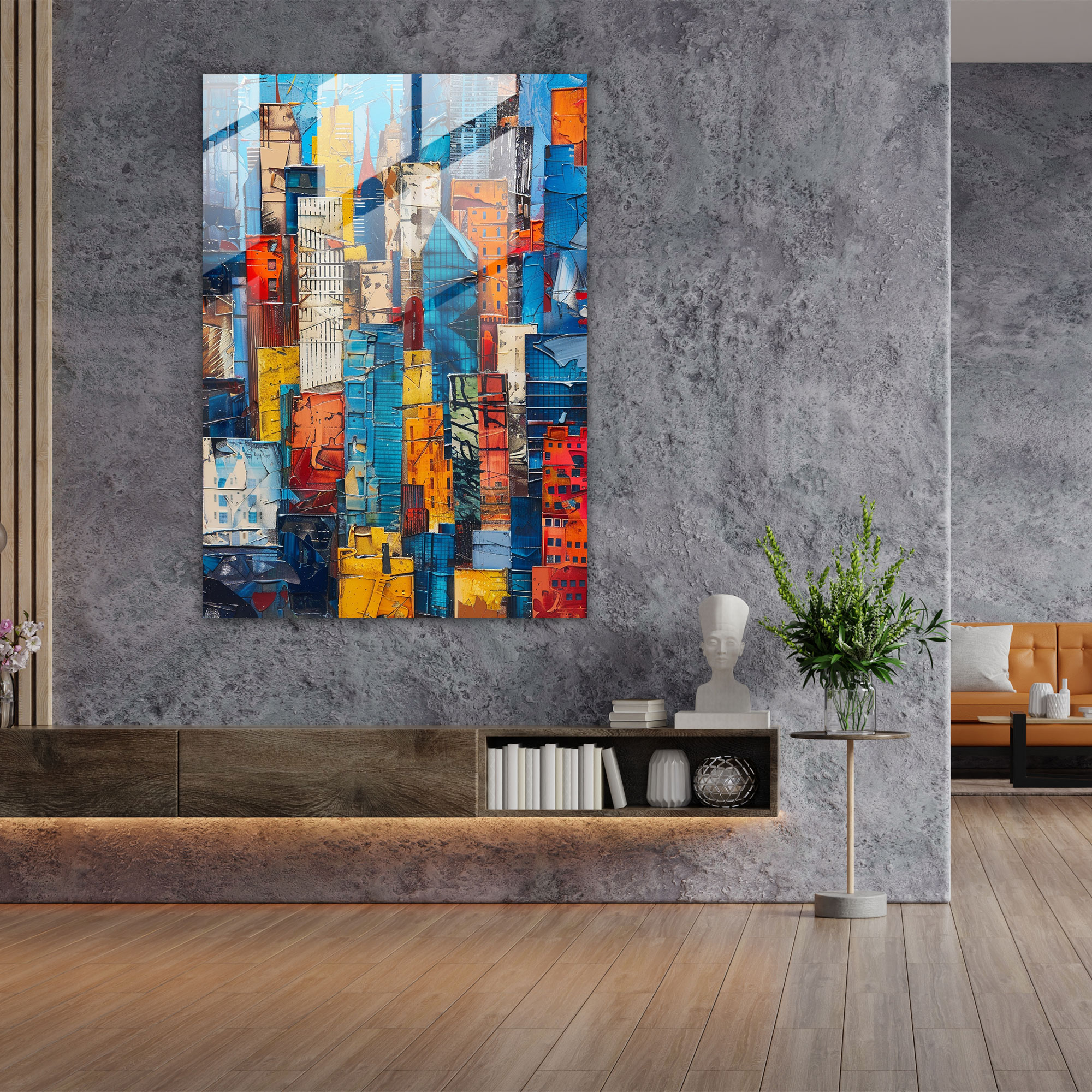 Abstract City Skyline Cubism Home Decoration - Cubism, Glass Wall Art, Modern Art, Home Decoration