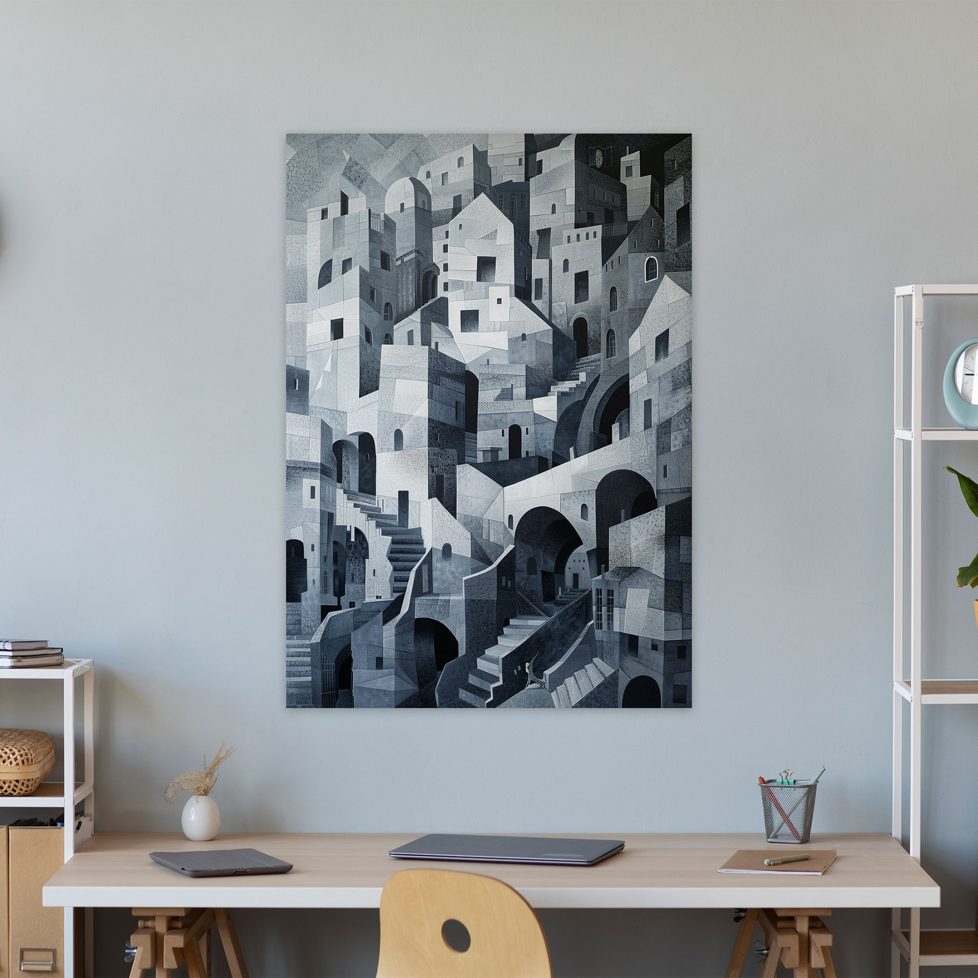 Monochromatic Cityscape Cubism Canvas Print - Cubism, Home Decoration, Cubism, Wall Decoration