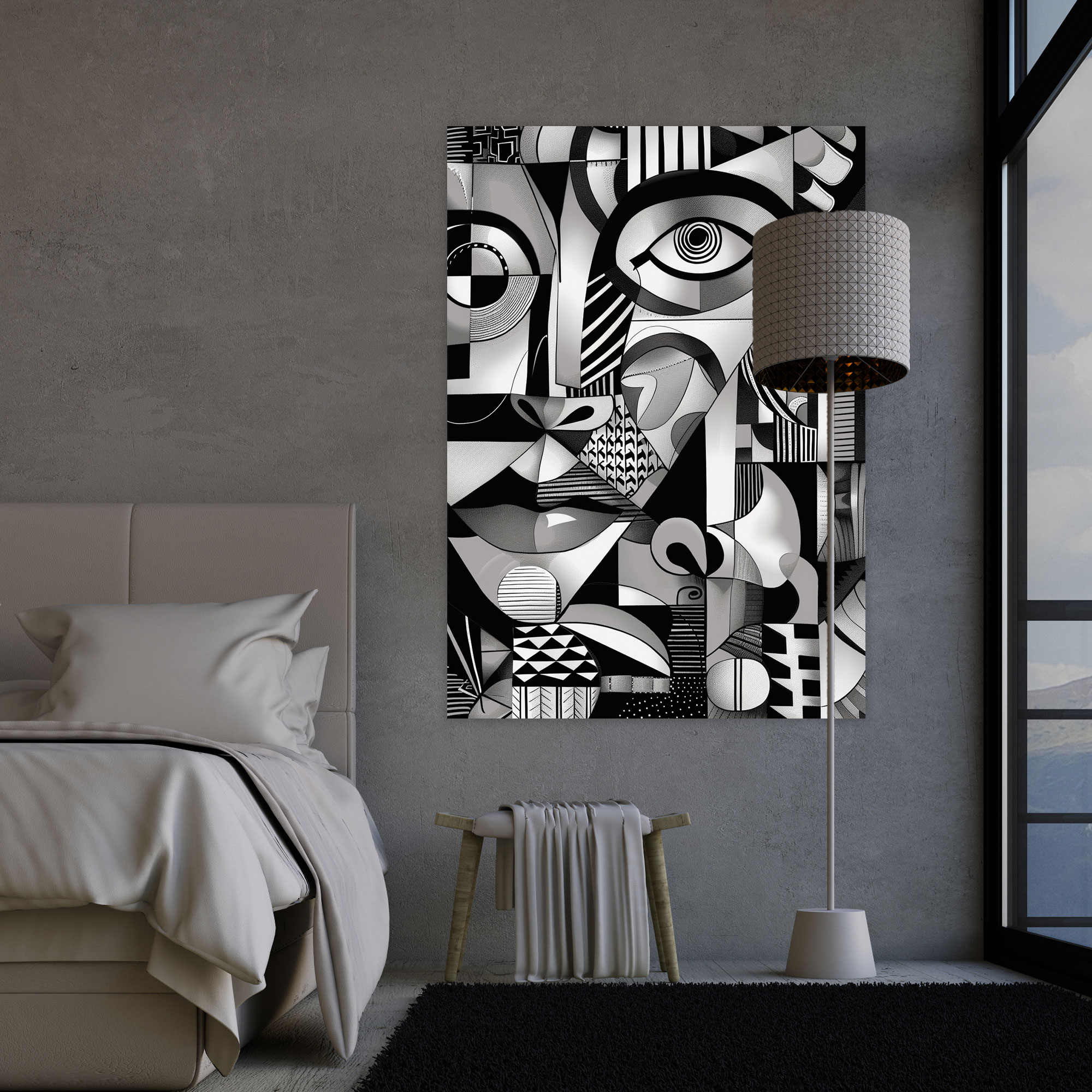Monochromatic Cubism Wall Decoration - Cubism, Geometric Patterns, Home Decoration, Monochromatic Palette