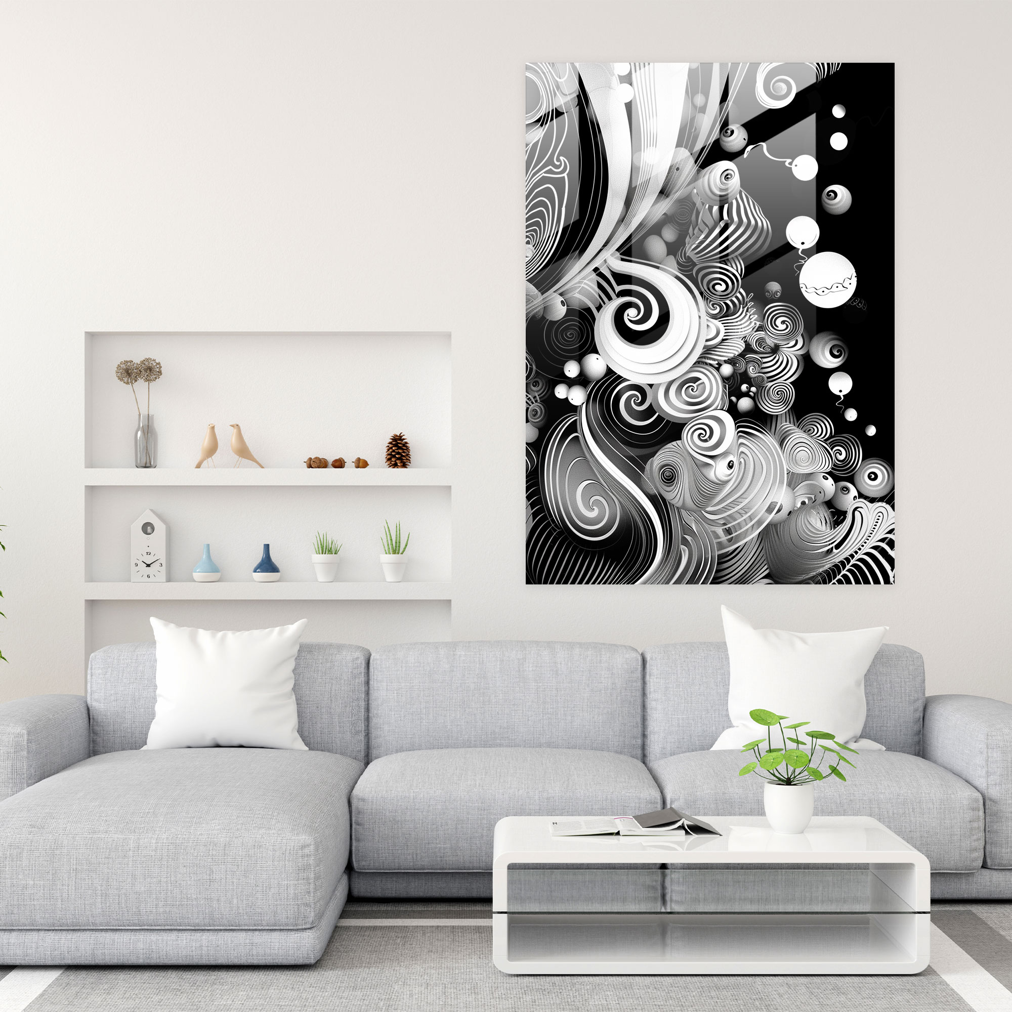 Dadaism Glass Print - Monochrome Swirls - Dadaism, Wall Decoration, Swirls, Abstract