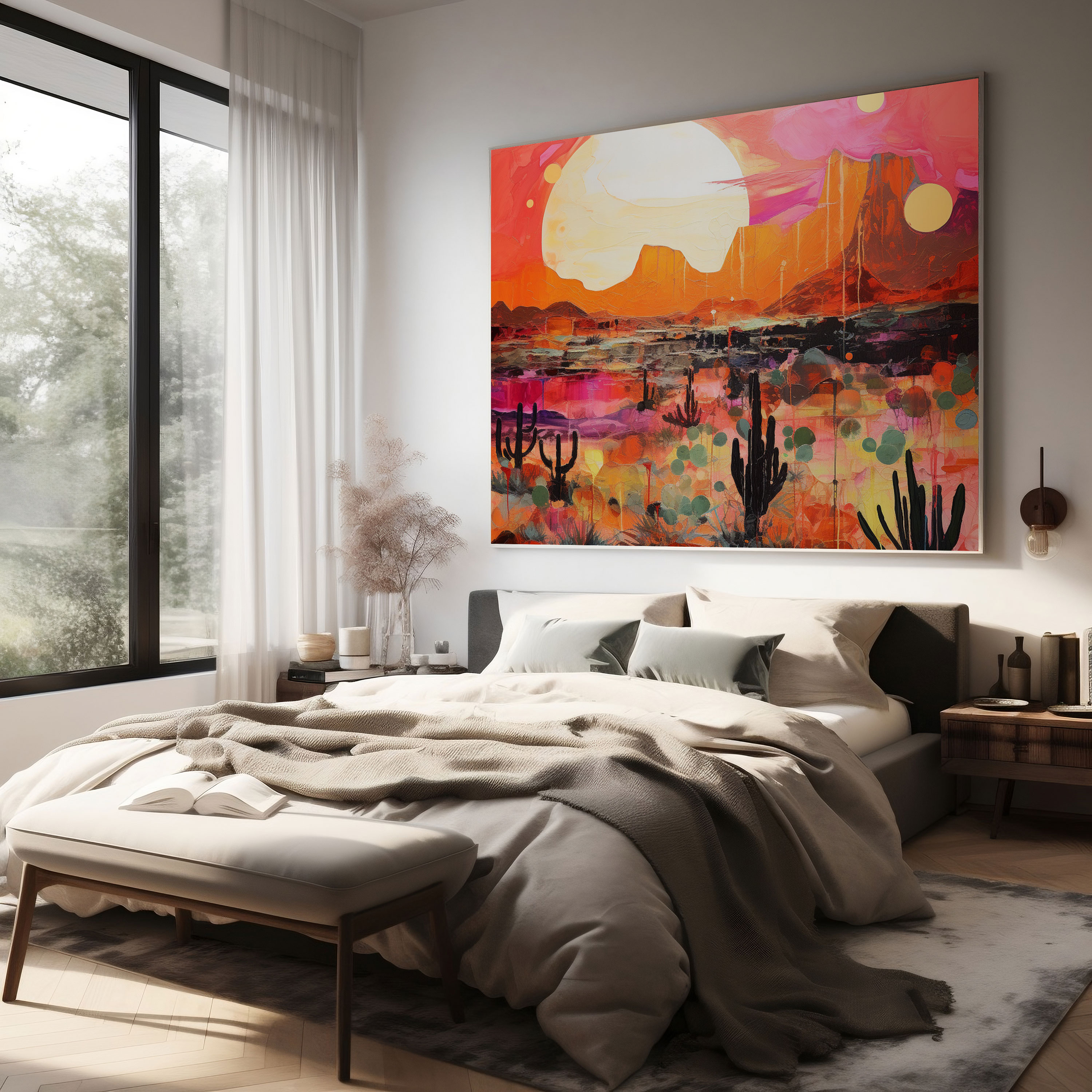 Desert Sunset Canvas Print - Desert, Cacti Silhouettes, Wall Decoration, Mountains
