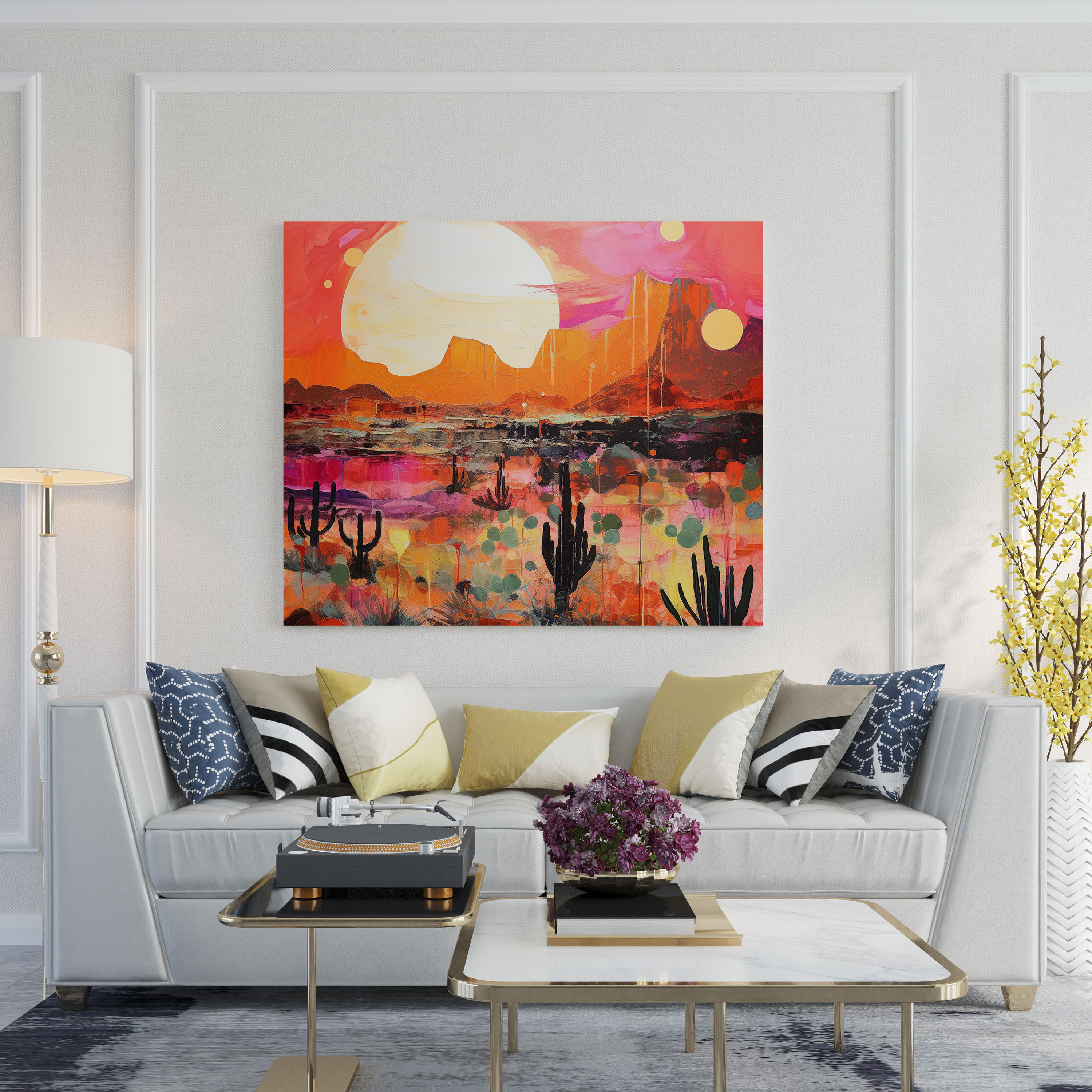 Desert Sunset Canvas Print - Desert, Cacti Silhouettes, Wall Decoration, Mountains