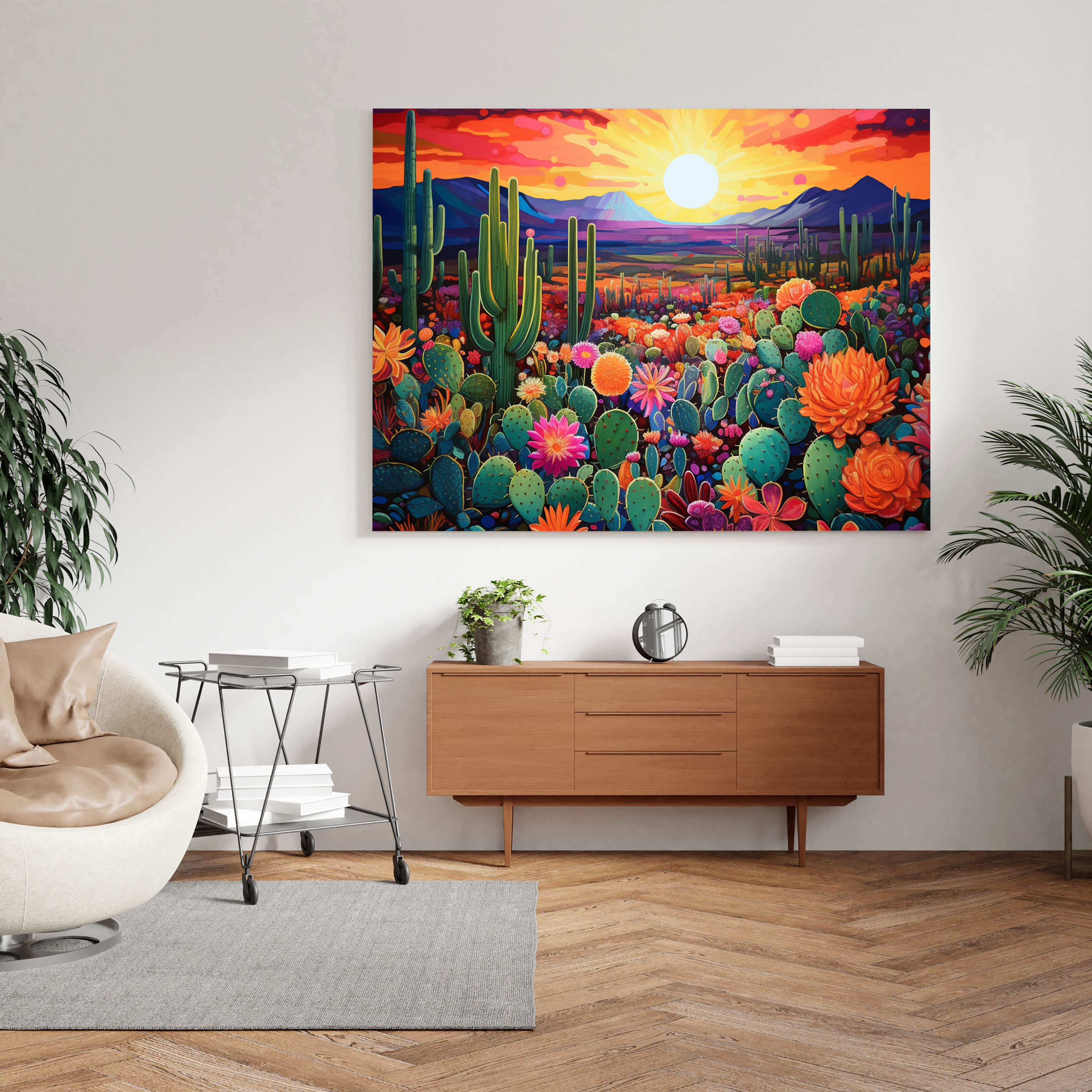 Desert Canvas Print - Vibrant Abstract Cactus Garden Wall Decoration - Desert, Canvas Print, Canvas, Sunset Sky