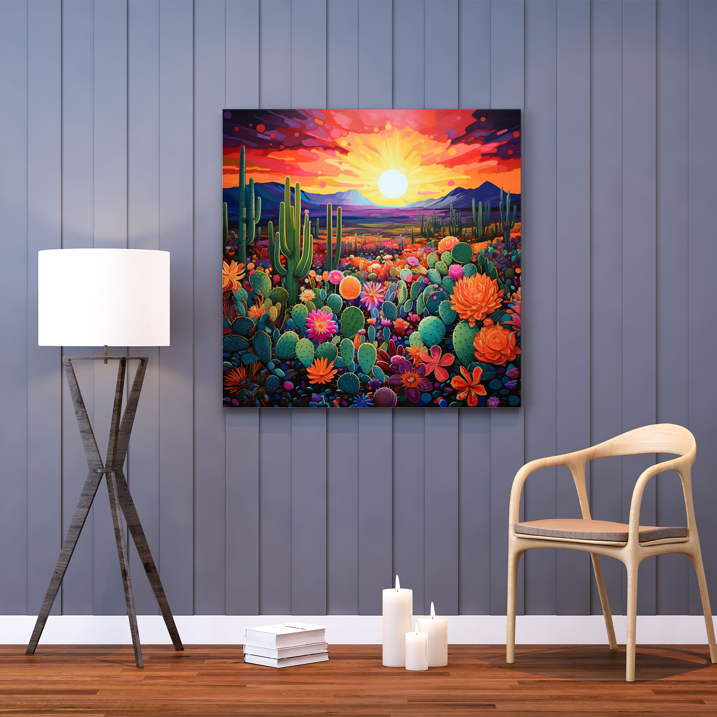 Desert Canvas Print - Vibrant Abstract Cactus Garden Wall Decoration - Desert, Canvas Print, Canvas, Sunset Sky