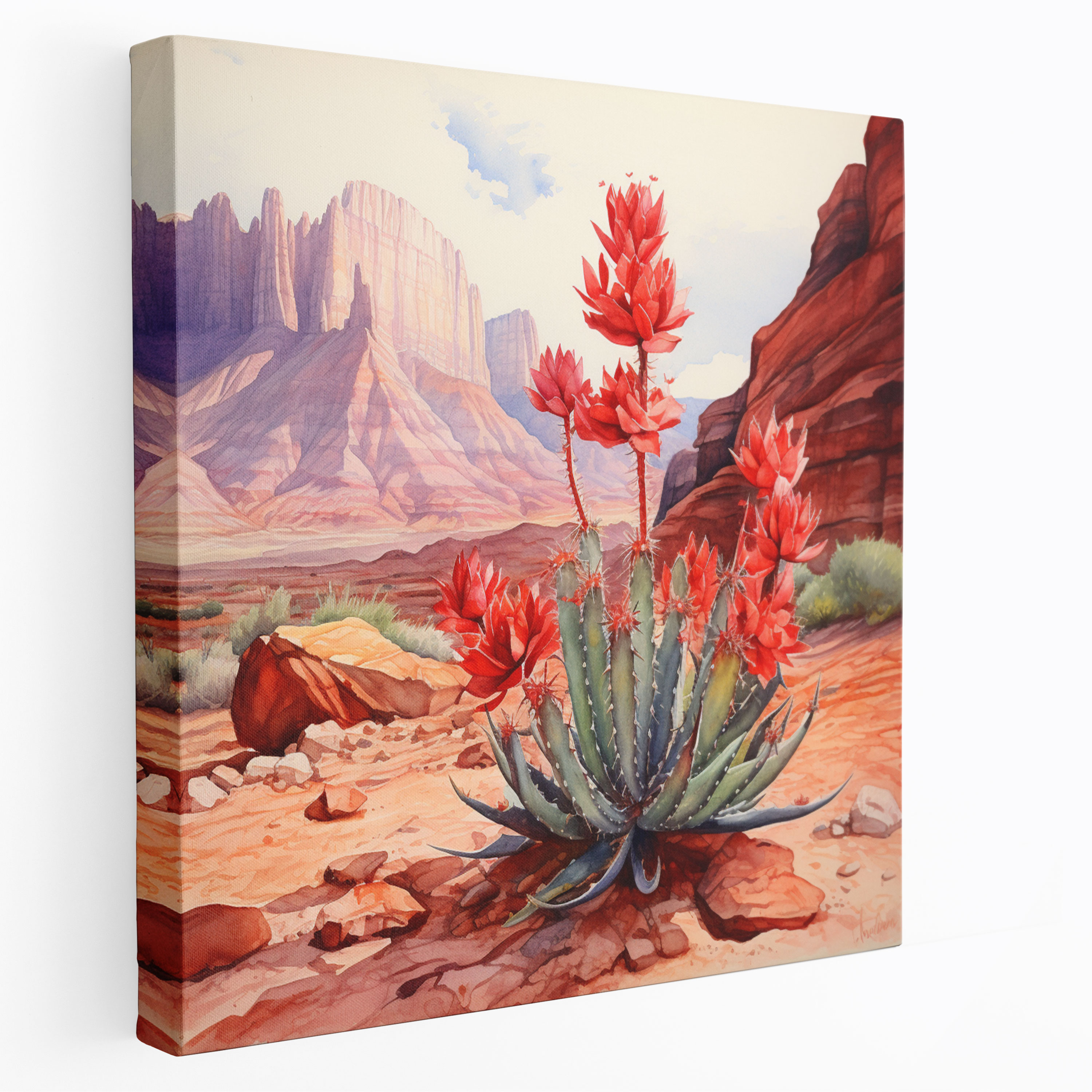 Desert Canvas Print - Vibrant Watercolor Cactus Flower Wall Art - Desert, Home Decoration, Wall Decoration, Red Rock Formations