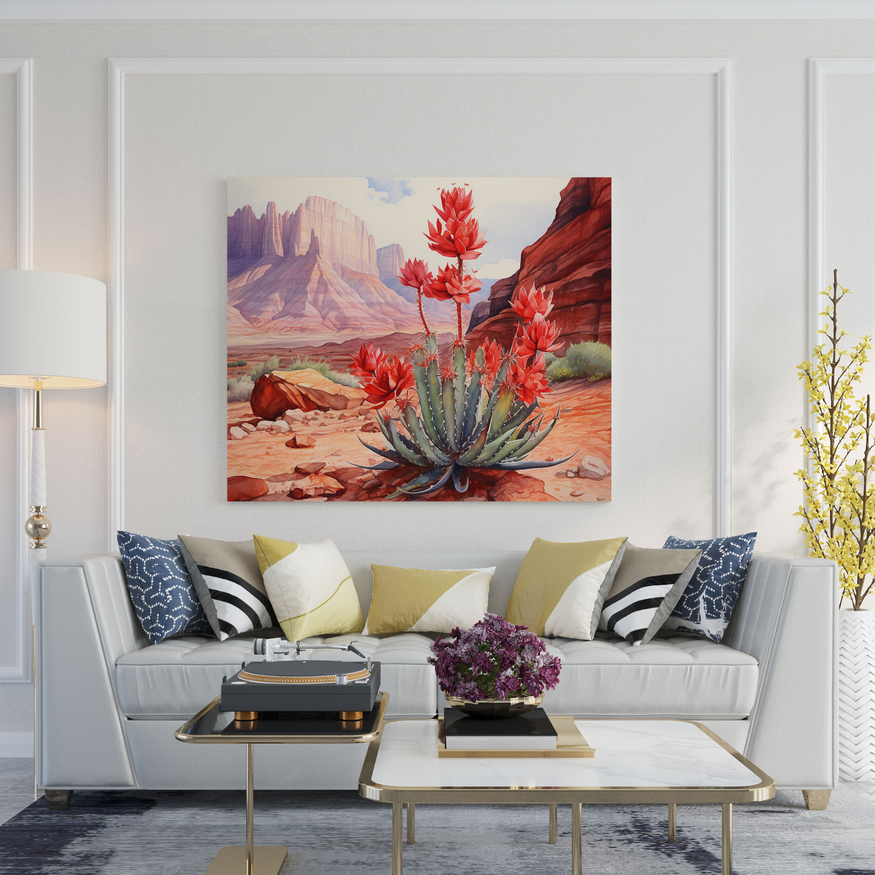 Desert Canvas Print - Vibrant Watercolor Cactus Flower Wall Art - Desert, Home Decoration, Wall Decoration, Red Rock Formations