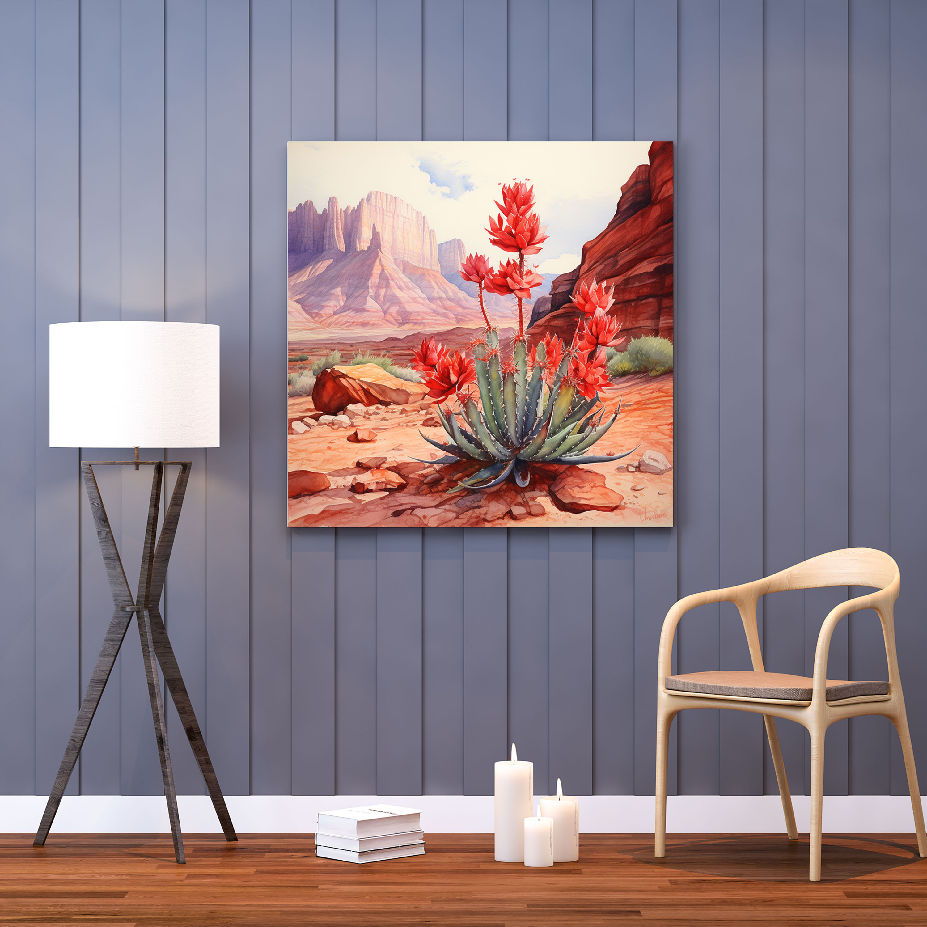 Desert Canvas Print - Vibrant Watercolor Cactus Flower Wall Art - Desert, Home Decoration, Wall Decoration, Red Rock Formations