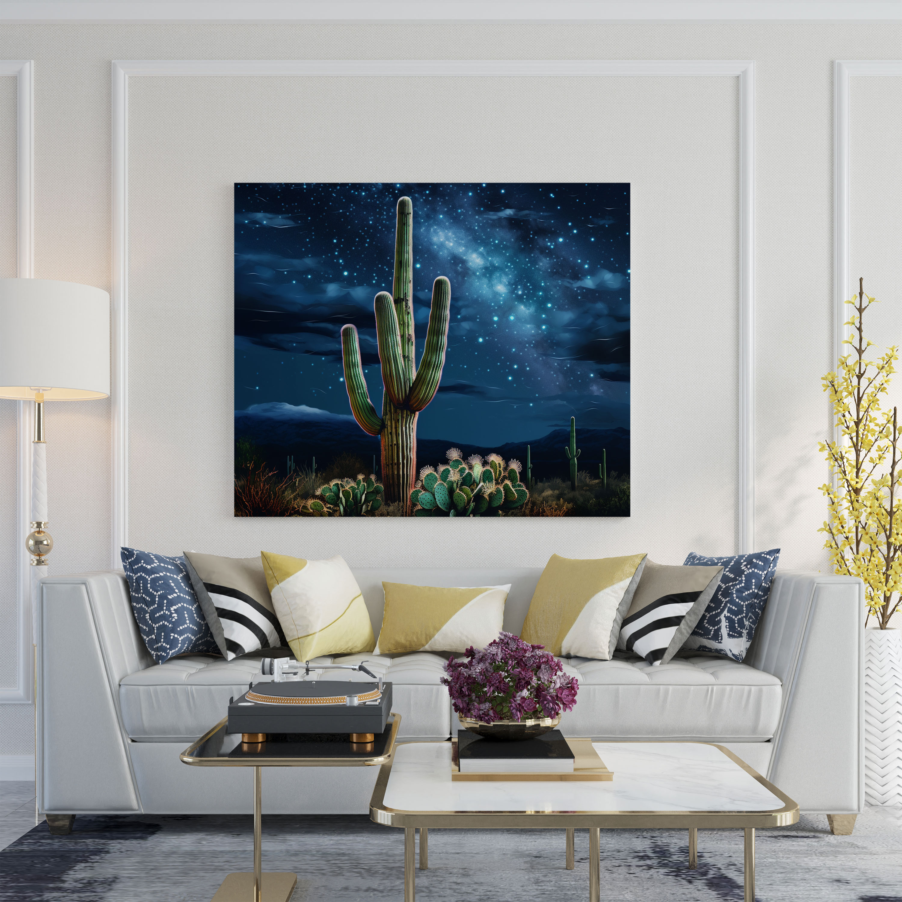 Çöl Duvar Dekorasyonu - Görkemli Saguaro Kaktüs Gece Gökyüzü Kanvas Tablo - Çöl Harika Sakin Atmosfer Dijital Sanat