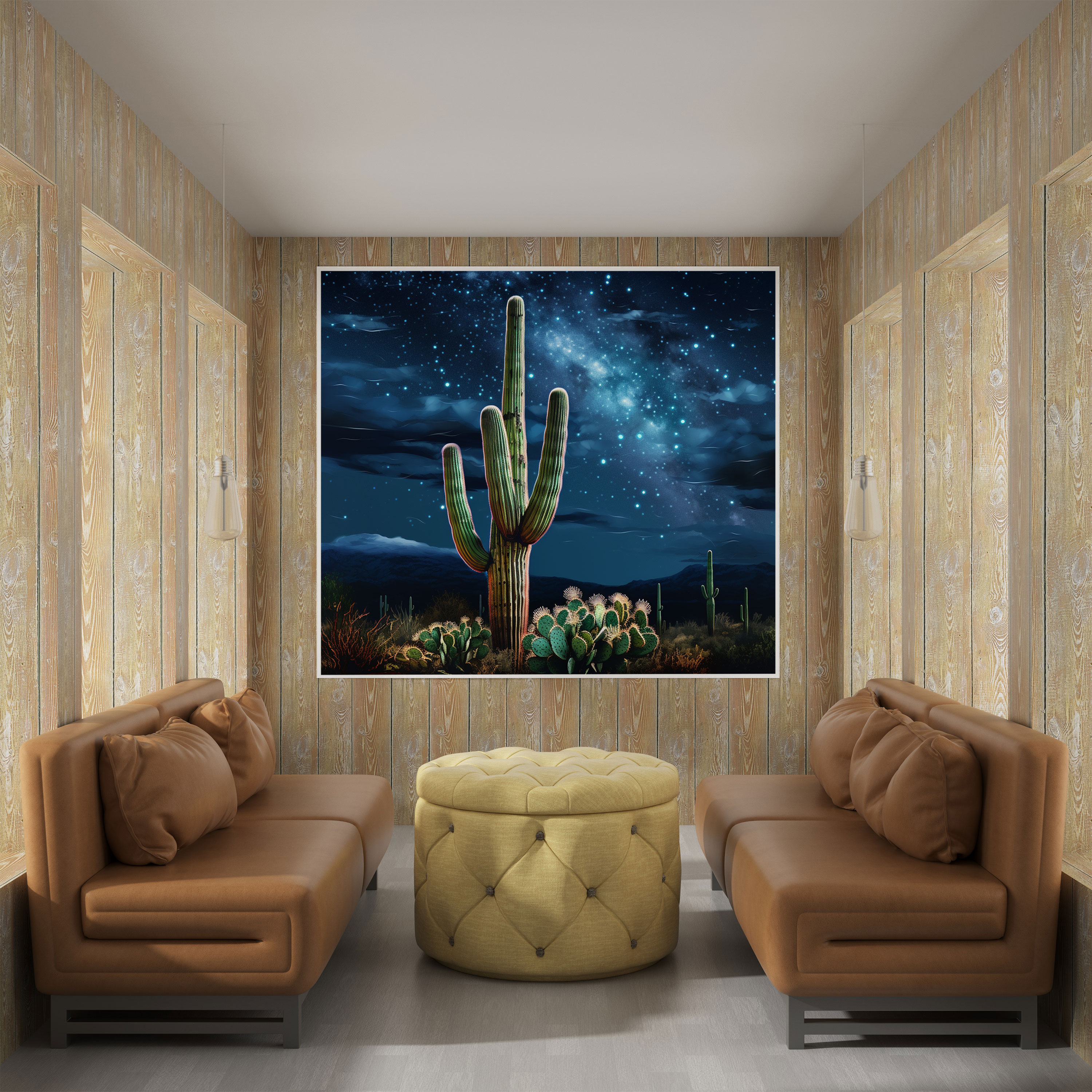 Çöl Duvar Dekorasyonu - Görkemli Saguaro Kaktüs Gece Gökyüzü Kanvas Tablo - Çöl Harika Sakin Atmosfer Dijital Sanat