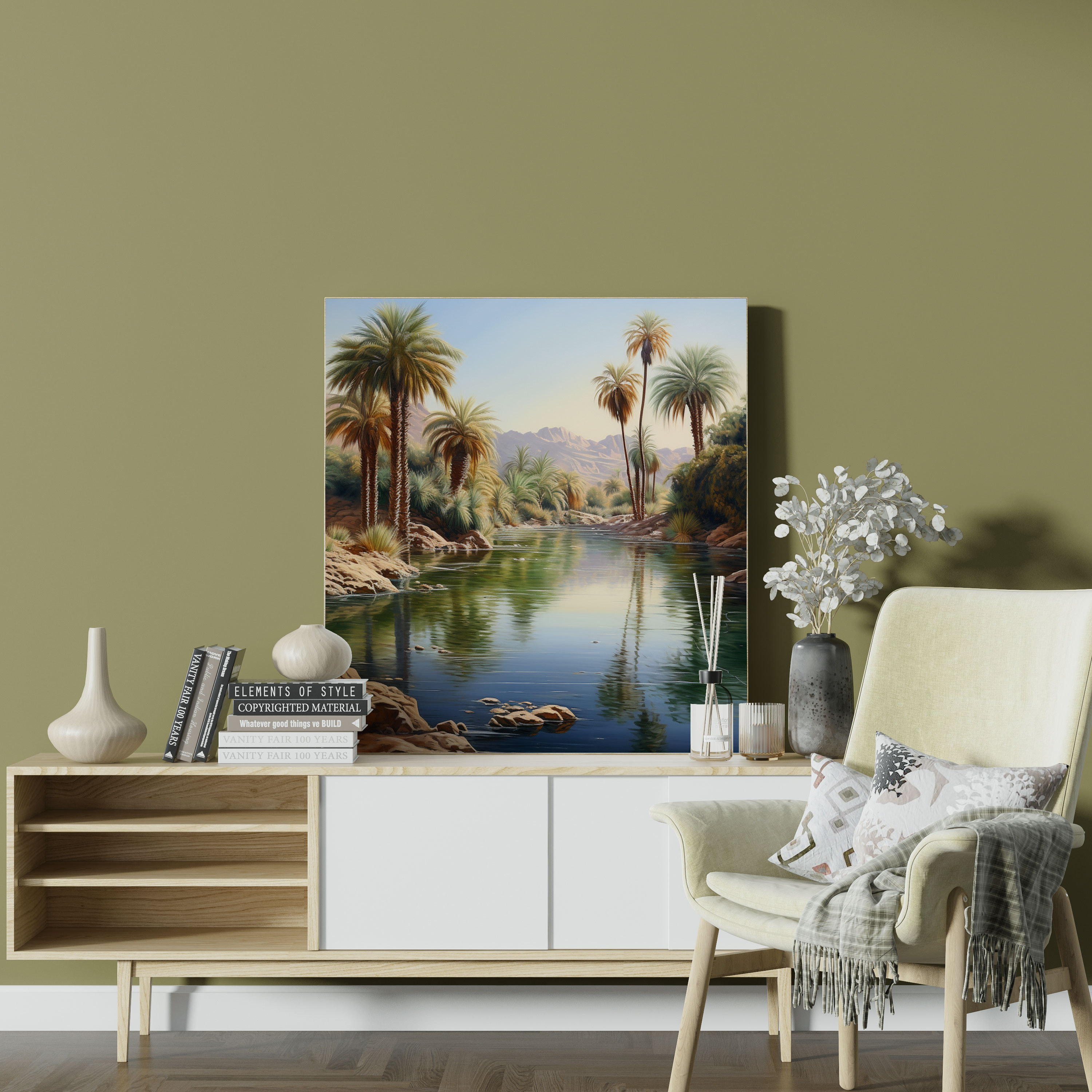 Desert Wall Decoration - Serene Desert Oasis Oil Painting Canvas Print - Desert, Wall Decoration, Palm Trees, Realistic Oil Painting