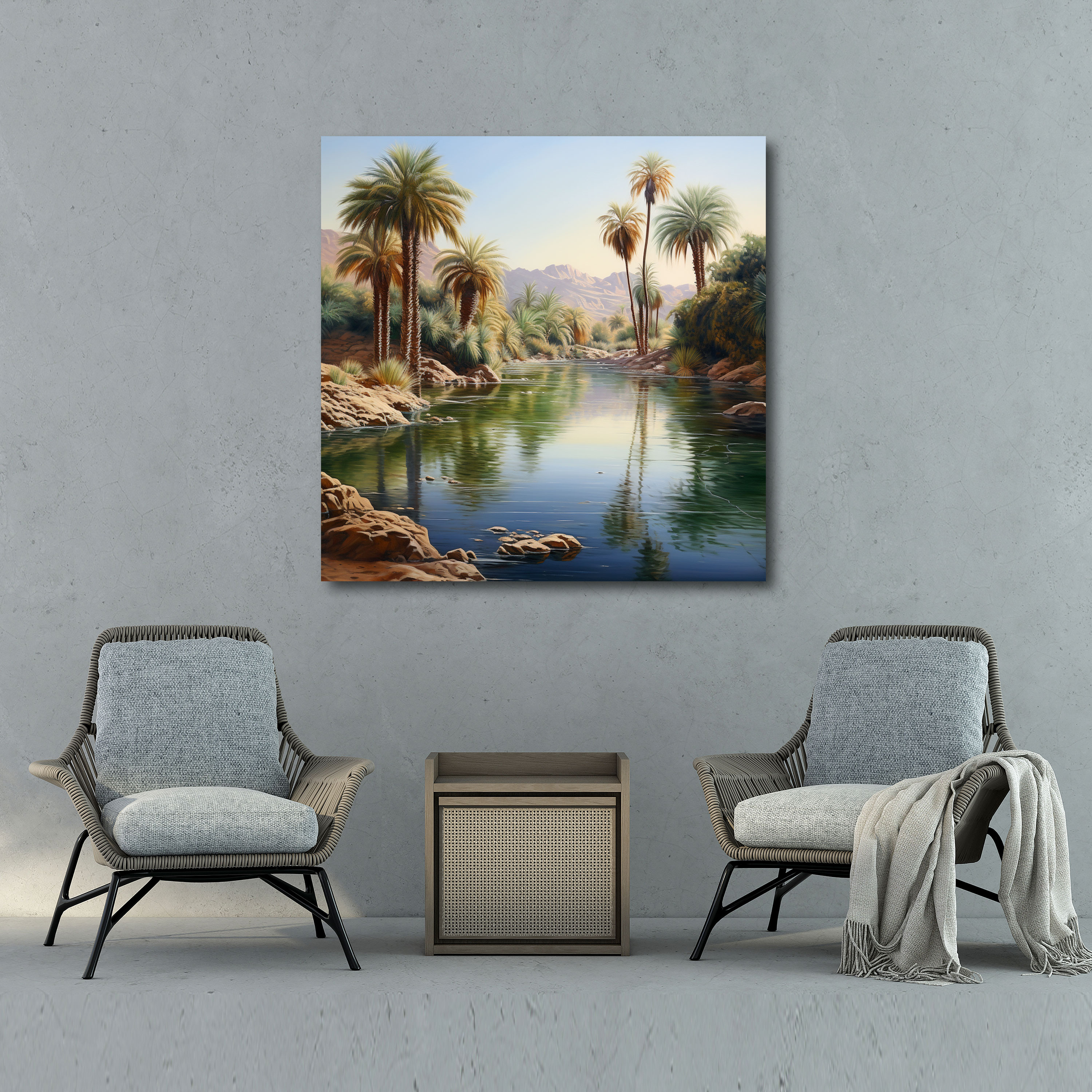Desert Wall Decoration - Serene Desert Oasis Oil Painting Canvas Print - Desert, Wall Decoration, Palm Trees, Realistic Oil Painting