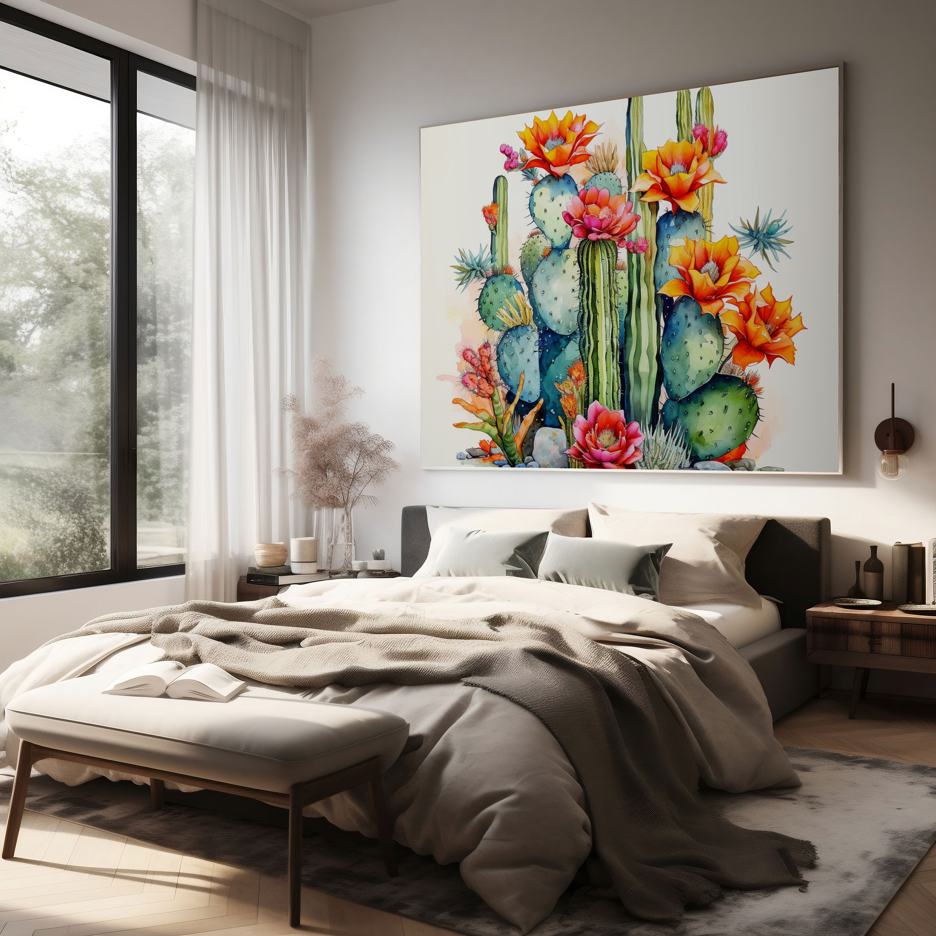 Çöl Duvar Sanatı - Çiçek Açan Saguaro Kaktüsü Suluboya Kanvas Tablo - Çöl Suluboya ve Mürekkep Çizimi Kanvas Tablo Çiçek Açan Saguaro Kaktüsü