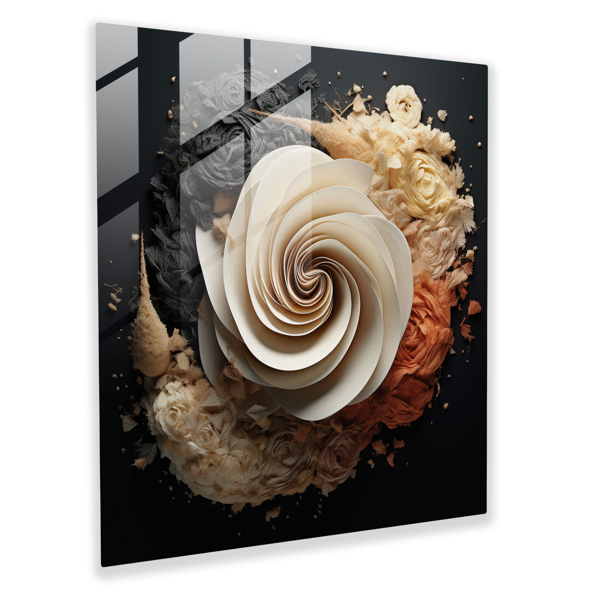 Kuru Çiçek Cam Tablo - Çiçekli Spiral - Kuru Çiçek Cam Sanat Monokrom Renk Dizilişi
