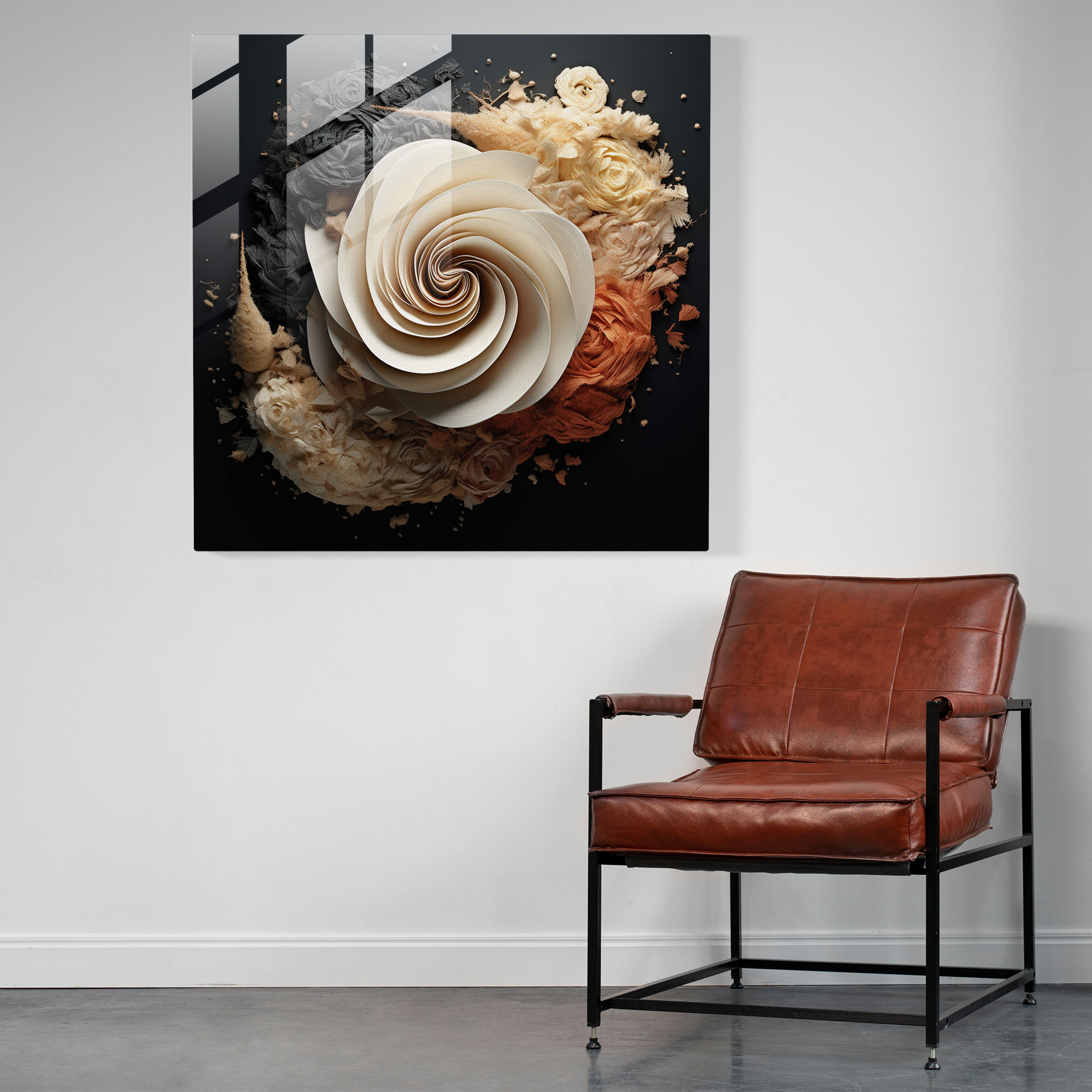 Kuru Çiçek Cam Tablo - Çiçekli Spiral - Kuru Çiçek Cam Sanat Monokrom Renk Dizilişi