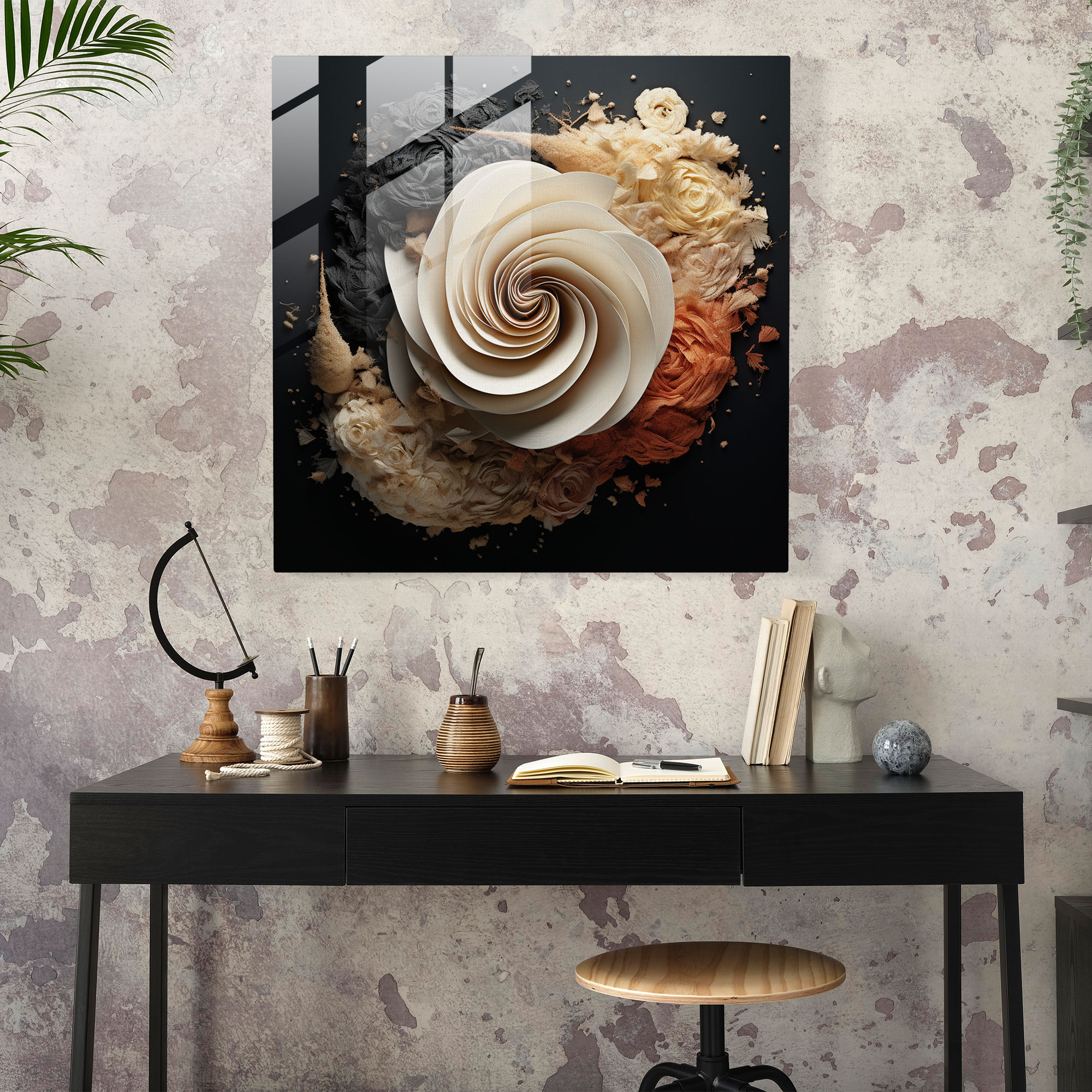 Kuru Çiçek Cam Tablo - Çiçekli Spiral - Kuru Çiçek Cam Sanat Monokrom Renk Dizilişi