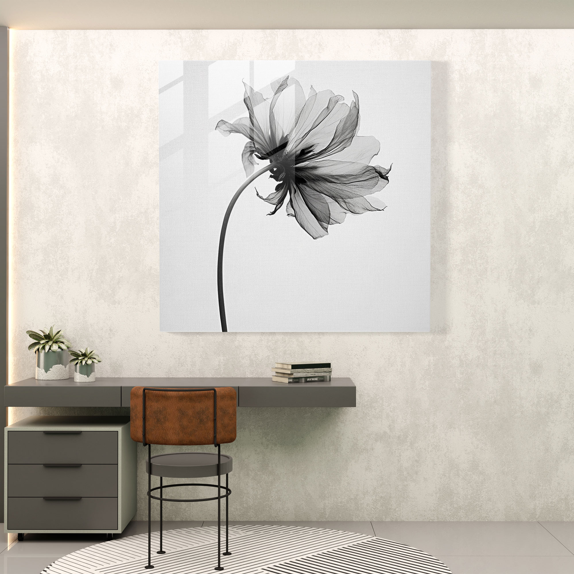 Dry Flower Glass Print - Minimalistic Monochrome Blossom - Dry Flower, Strong Contrasts, Monochrome Photograph, Modern Art
