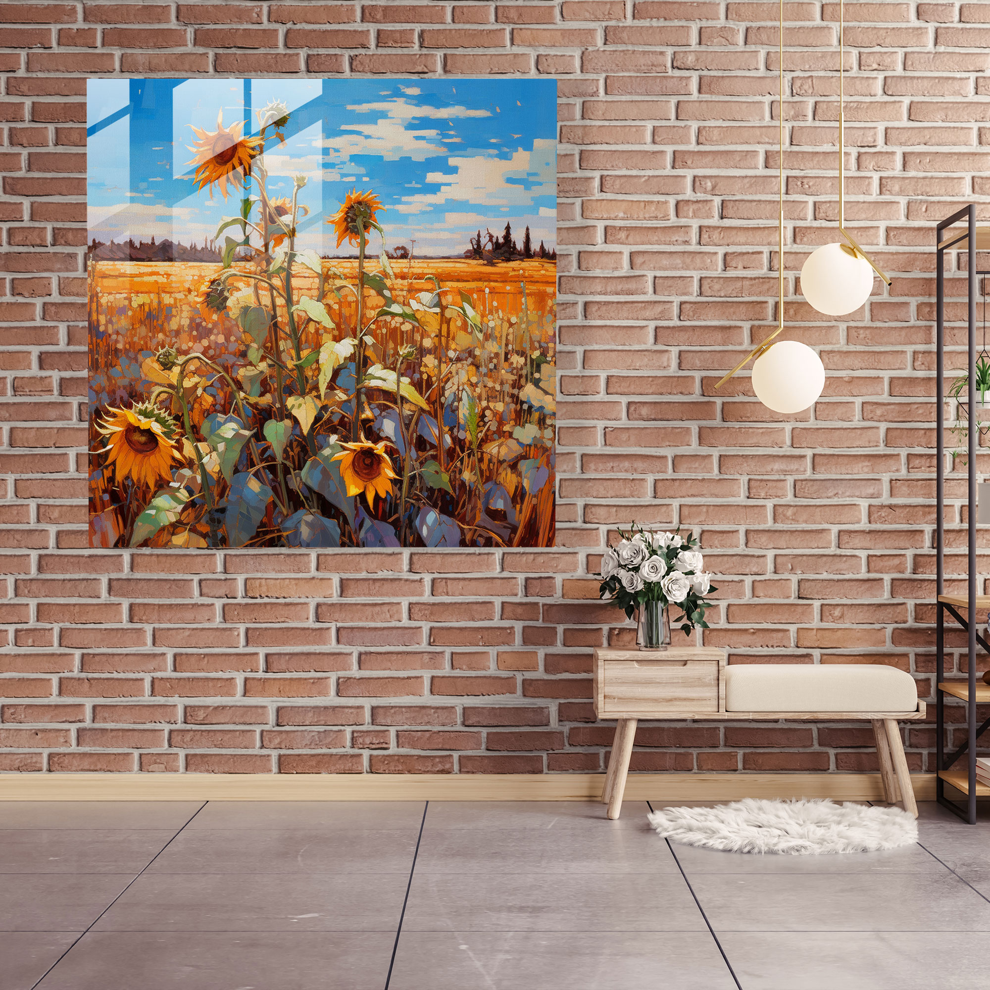 Dry Flower Glass Print - Vibrant Sunflower Field - Dry Flower, Vibrant Colors, Modern Art, Glass Art