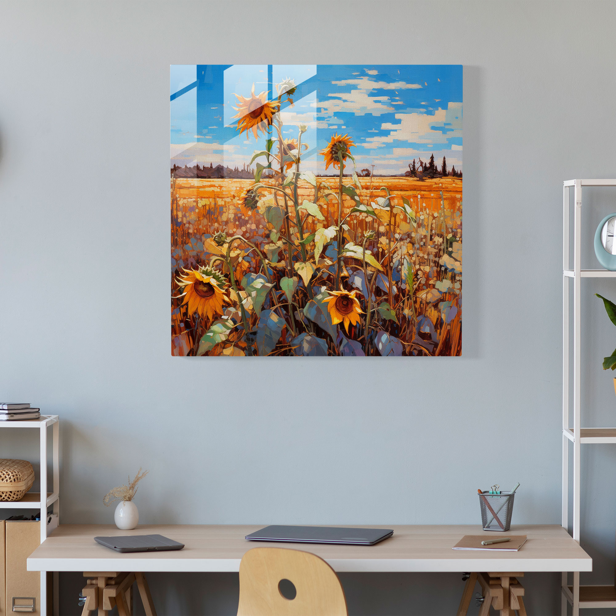 Dry Flower Glass Print - Vibrant Sunflower Field - Dry Flower, Vibrant Colors, Modern Art, Glass Art