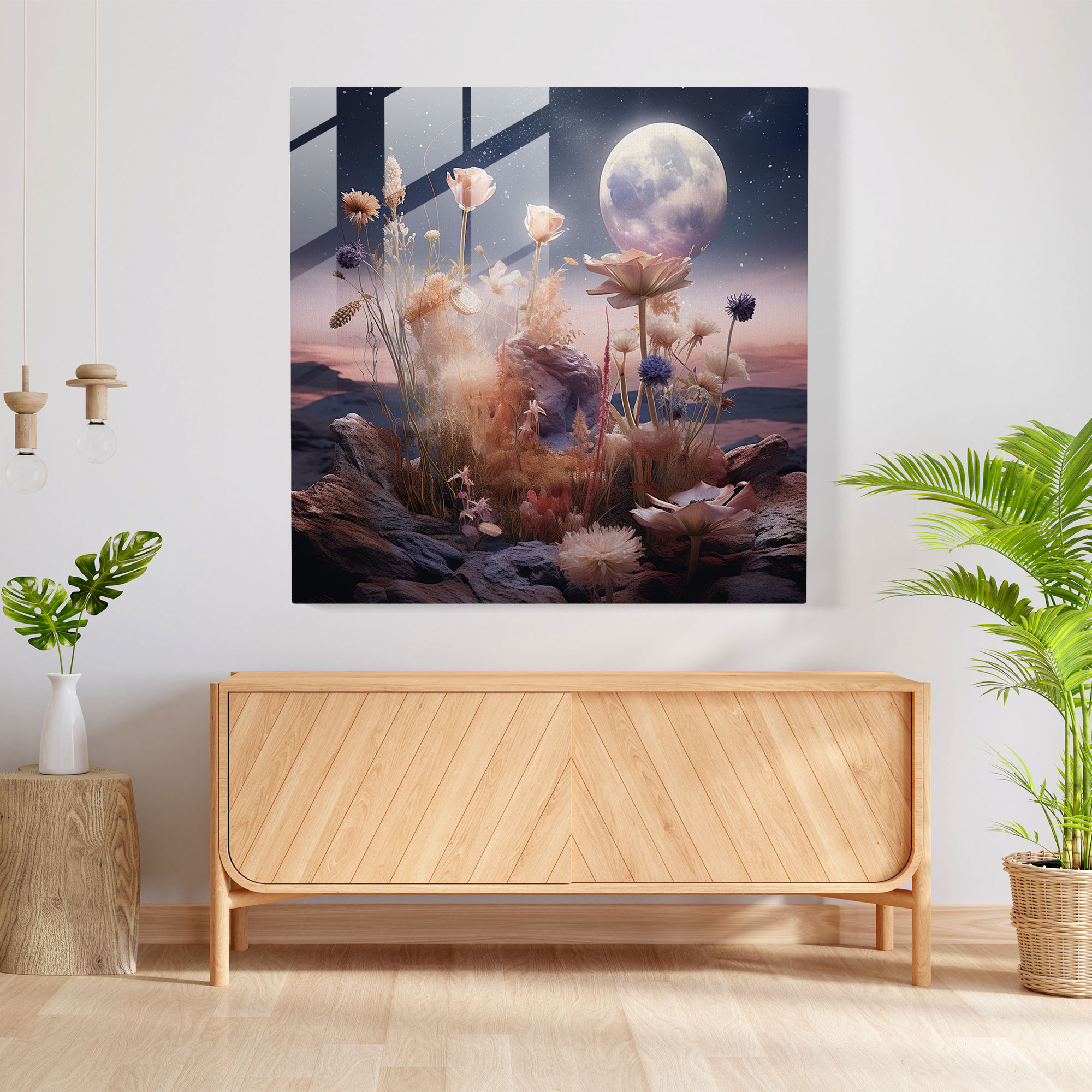 Dry Flower Glass Print - Surreal Celestial Arrangement - Dry Flower, Dry Flower, Glass Print, Celestial Setting