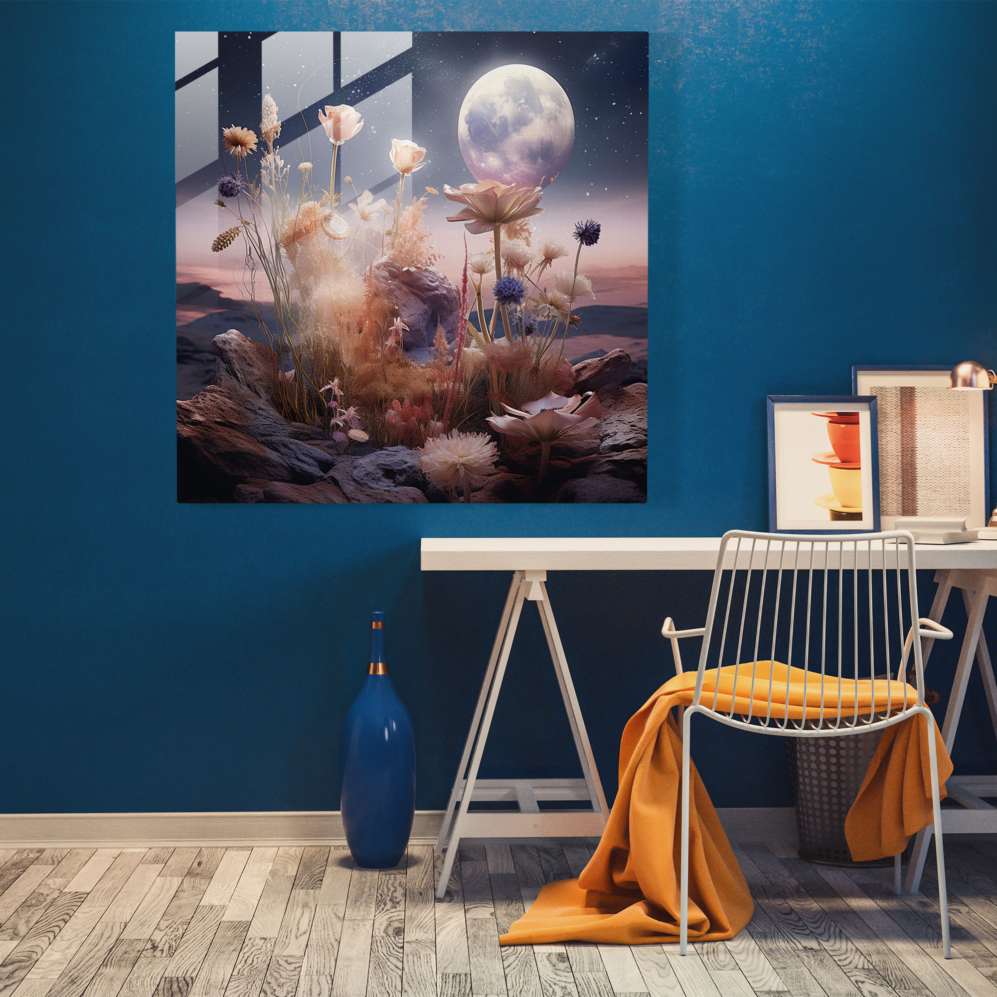Dry Flower Glass Print - Surreal Celestial Arrangement - Dry Flower, Dry Flower, Glass Print, Celestial Setting