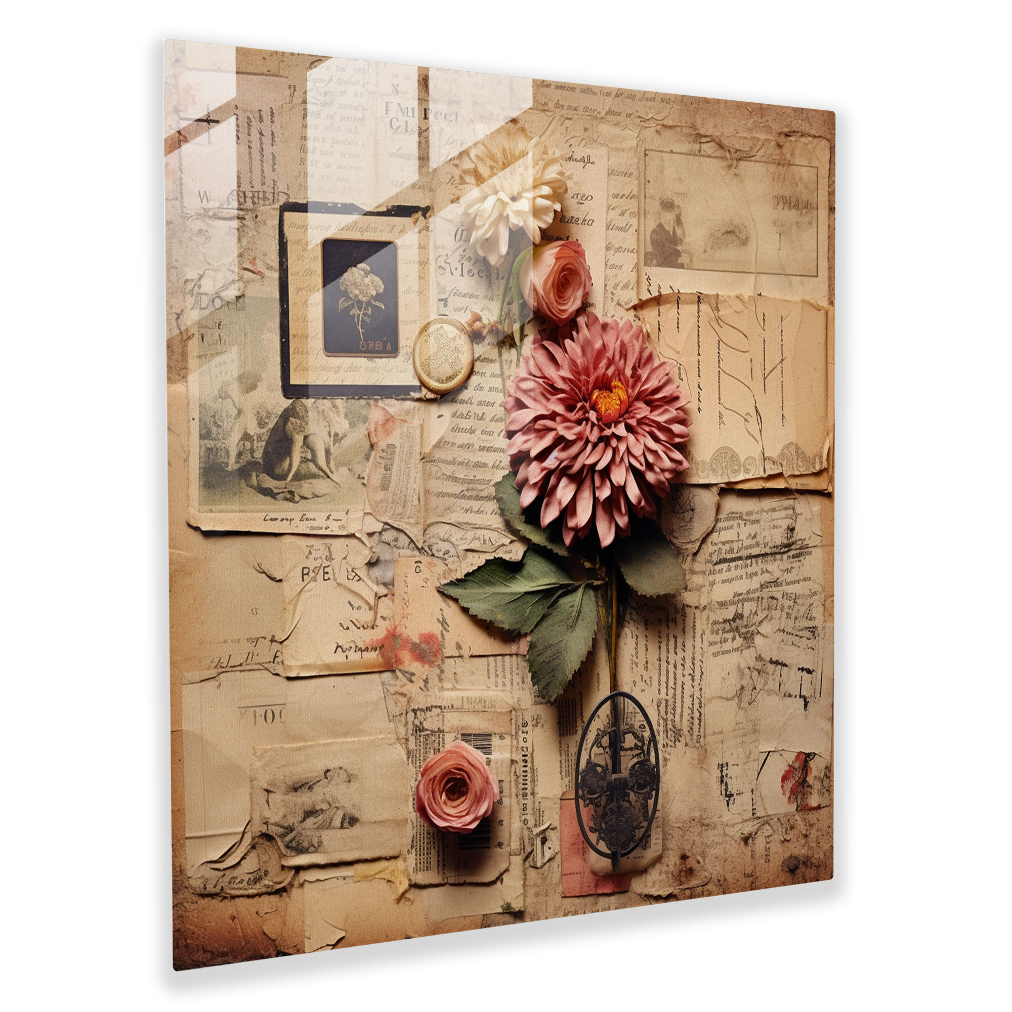 Dry Flower Glass Print - Vintage Collage Of Memories - Dry Flower, Modern Art, Home Decoration, Glass Art