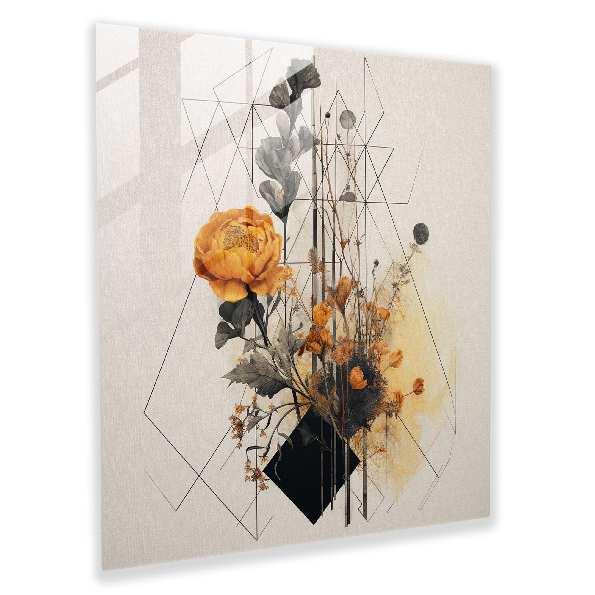 Dry Flower Glass Print - Geometric Fusion - Dry Flower, Glass Wall Art, Wall Decoration, Home Decoration