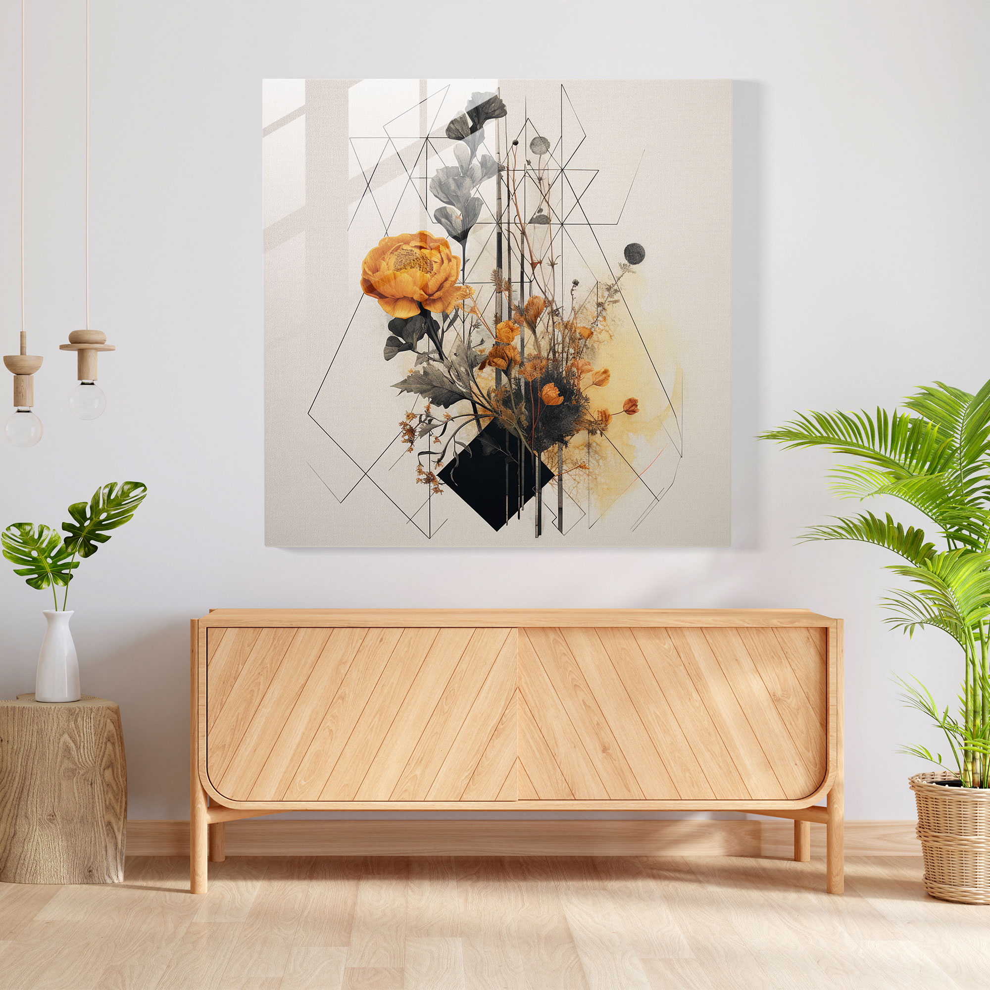 Dry Flower Glass Print - Geometric Fusion - Dry Flower, Glass Wall Art, Wall Decoration, Home Decoration