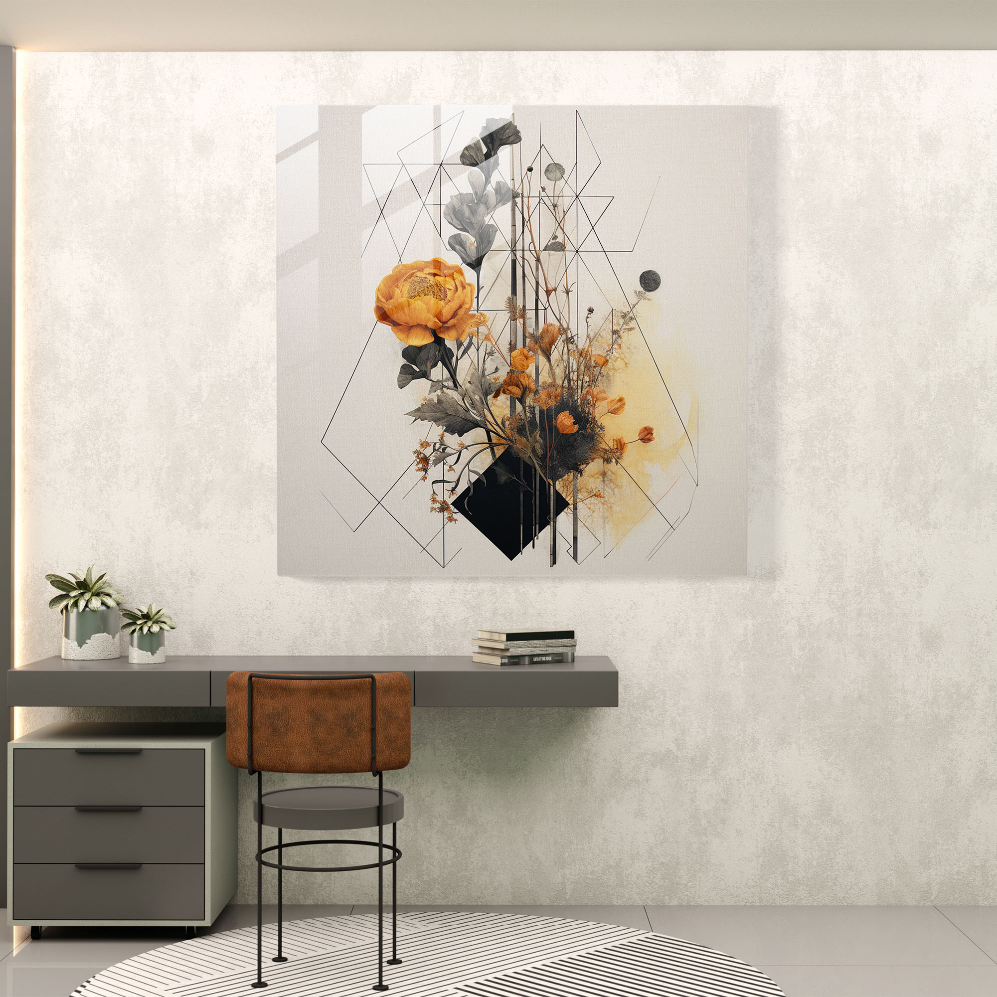 Dry Flower Glass Print - Geometric Fusion - Dry Flower, Glass Wall Art, Wall Decoration, Home Decoration