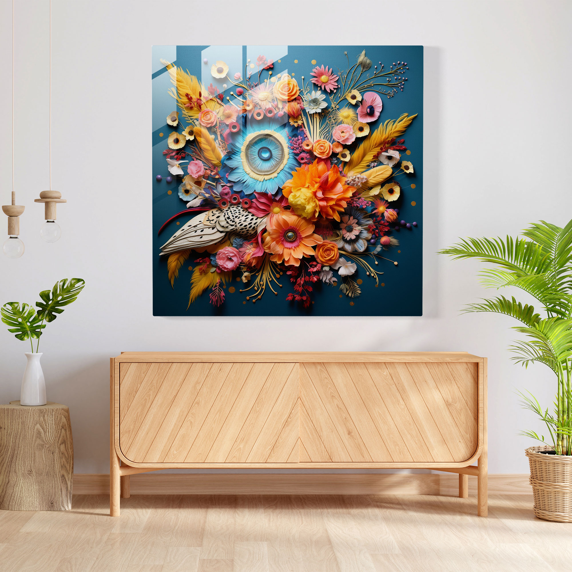 Dry Flower Glass Print - Whimsical Creature Companions - Dry Flower, Glass Art, Fantastical Creatures, Vibrant Colors