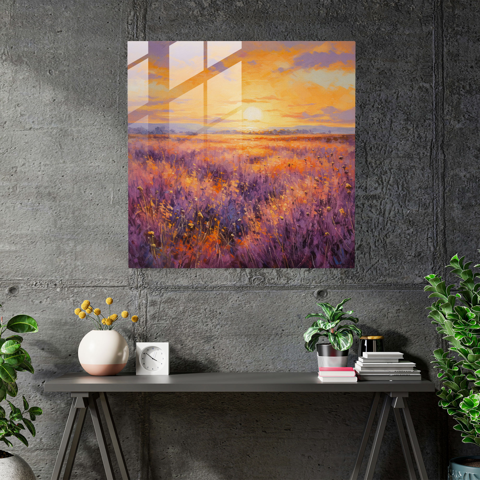 Dry Flower Glass Print - Impressionistic Lavender Field - Dry Flower, Dry Flower, Wall Decoration, Glass Wall Art