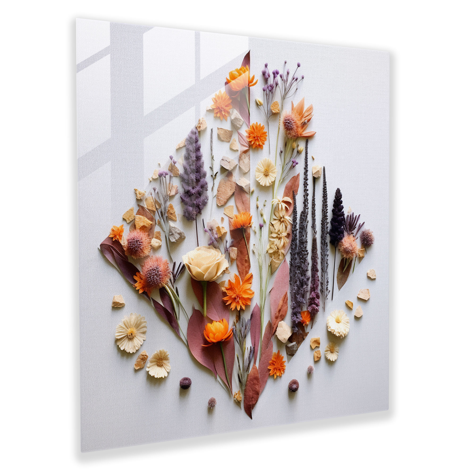 Geometric Dry Flower Glass Print - Dry Flower, Wall Decoration, Geometric Design, Contemporary Twist