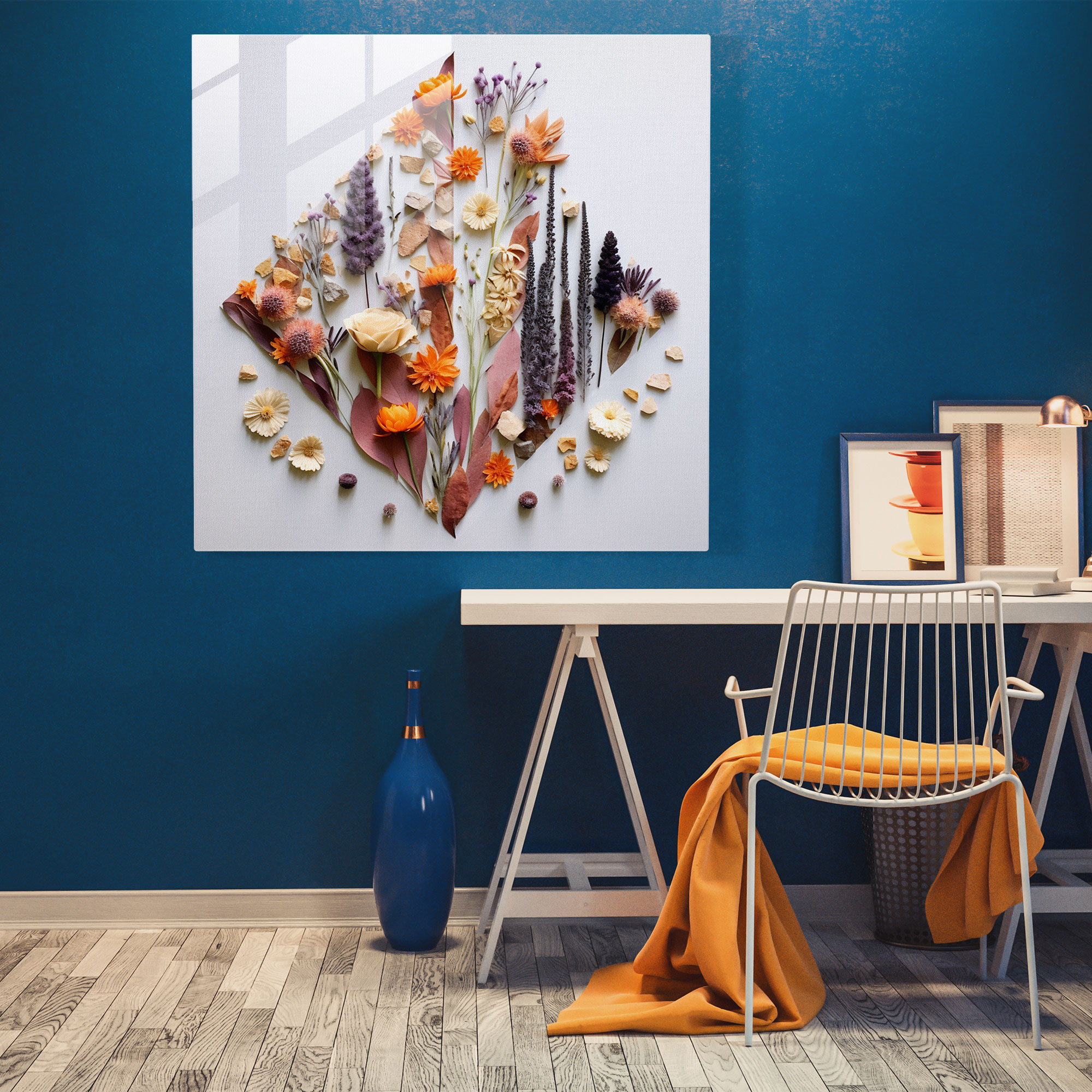 Geometric Dry Flower Glass Print - Dry Flower, Wall Decoration, Geometric Design, Contemporary Twist