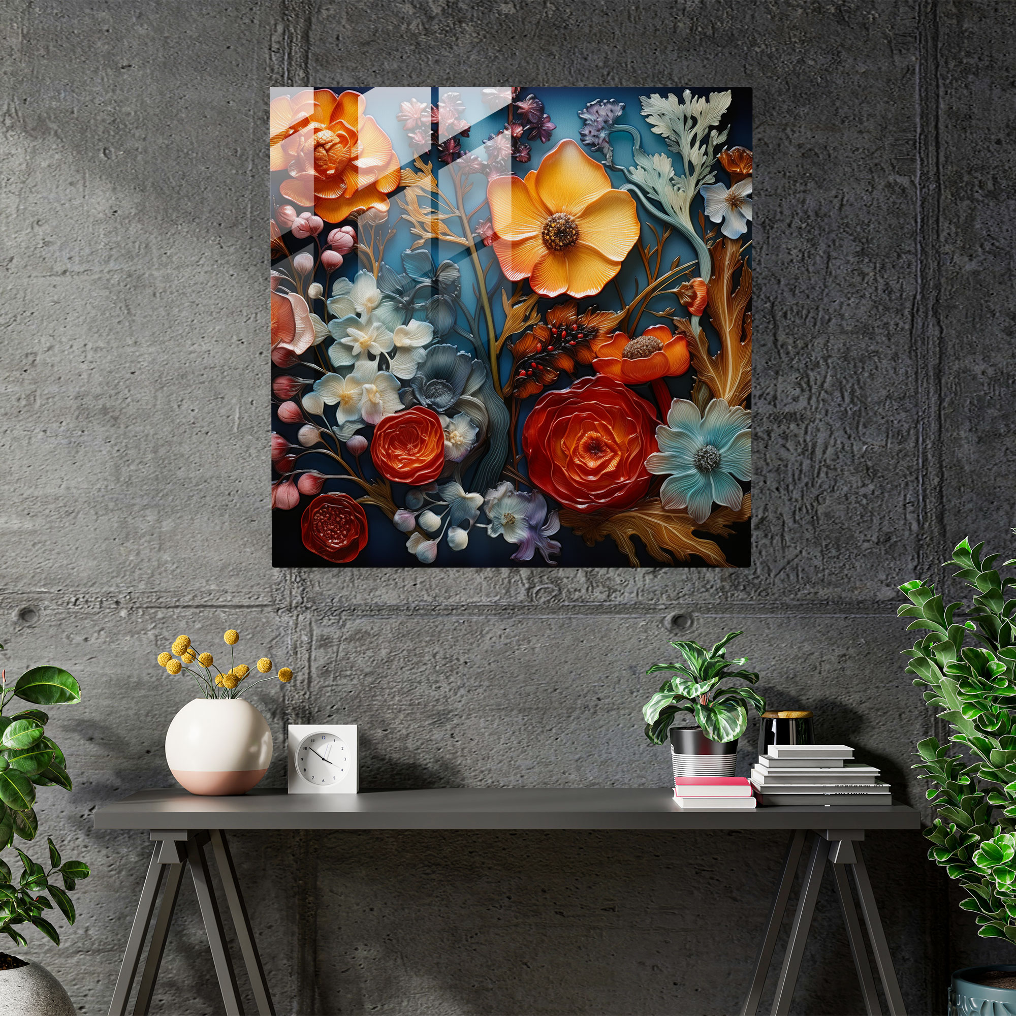 Canlı Kuru Çiçek Cam Sanat - Kuru Çiçek Gerçekçi Cam Tablo Ev Dekorasyonu