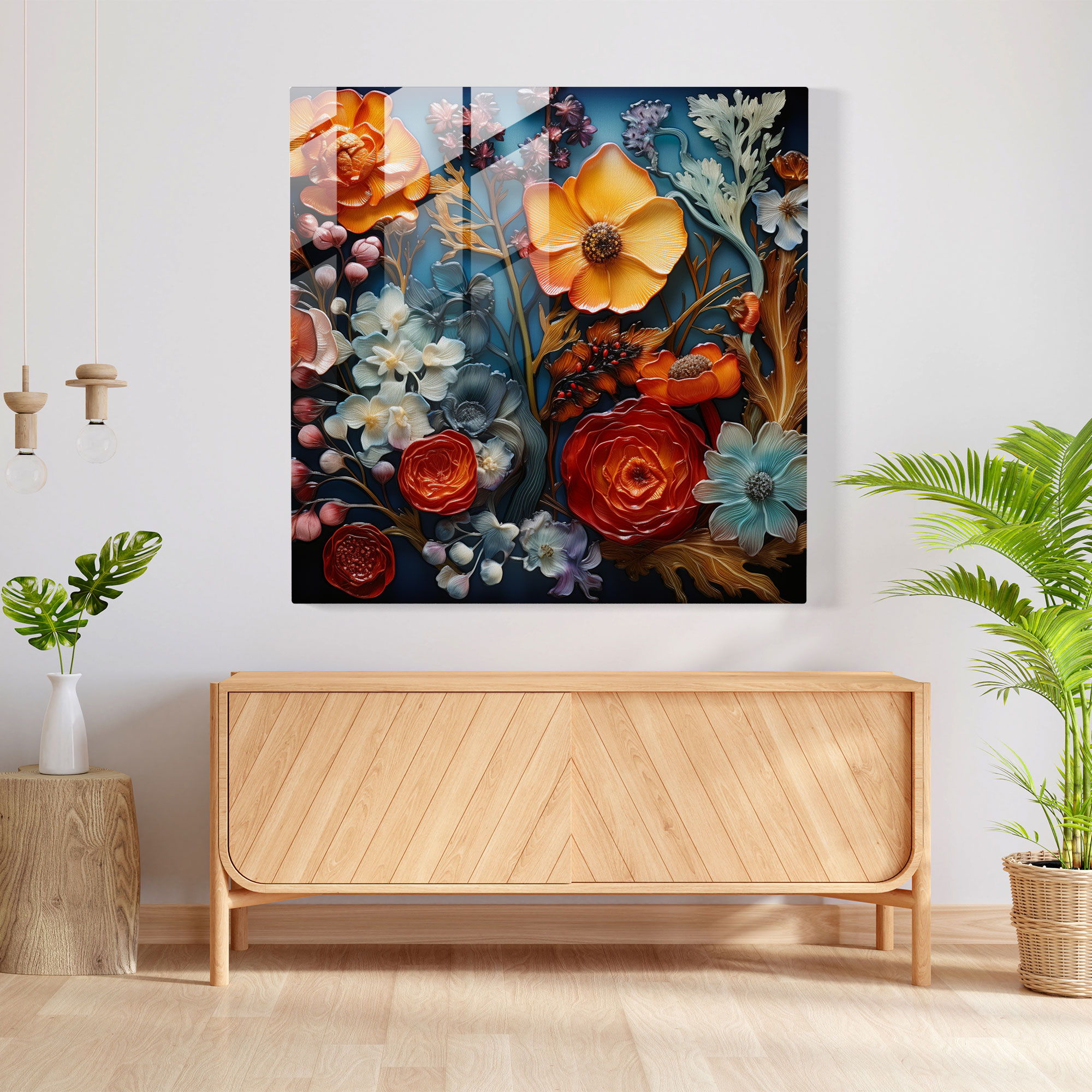 Canlı Kuru Çiçek Cam Sanat - Kuru Çiçek Gerçekçi Cam Tablo Ev Dekorasyonu