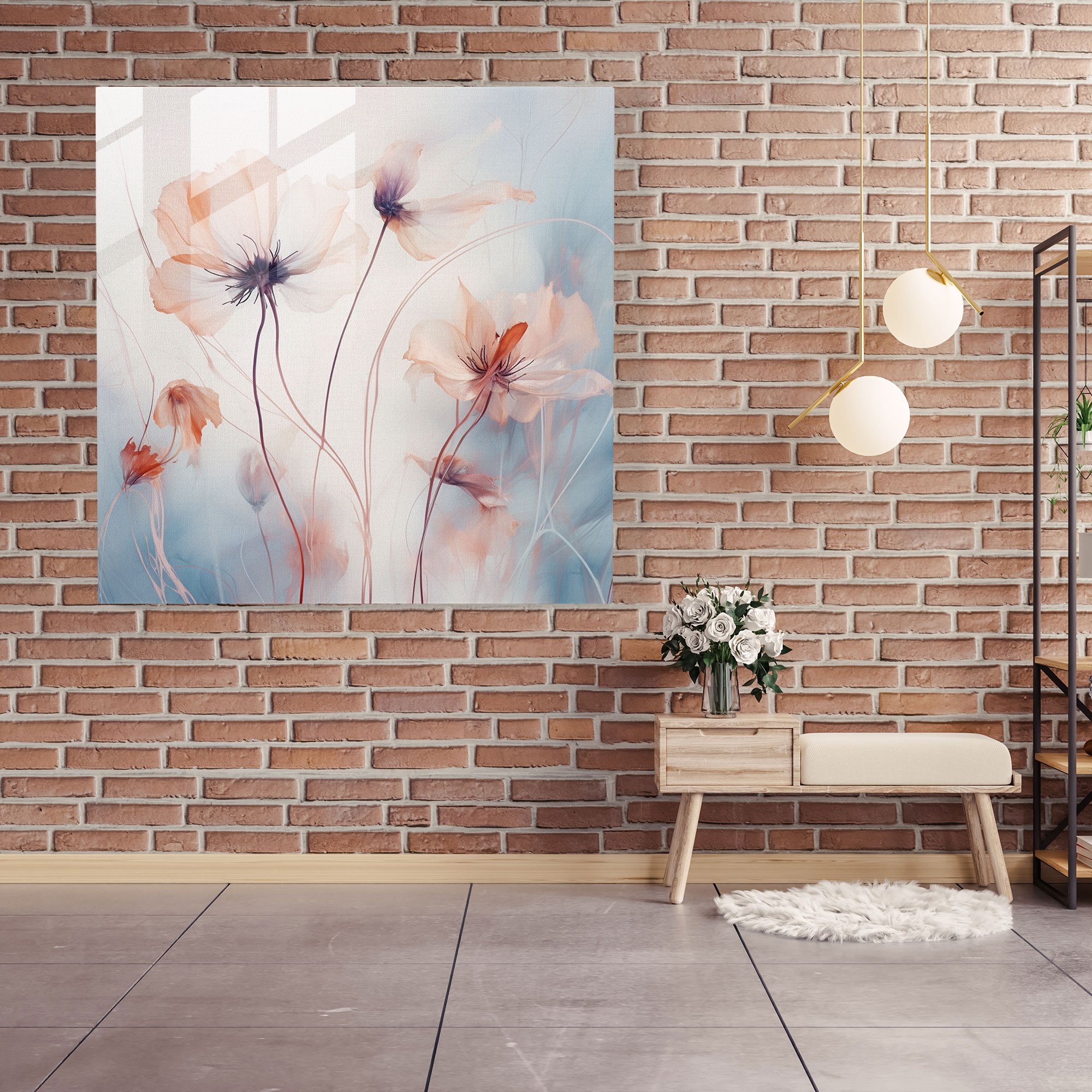 Pastel Rüya Kuru Çiçek Cam Tablo - Kuru Çiçek Modern Sanat Cam Duvar Sanatı Duvar Dekorasyonu