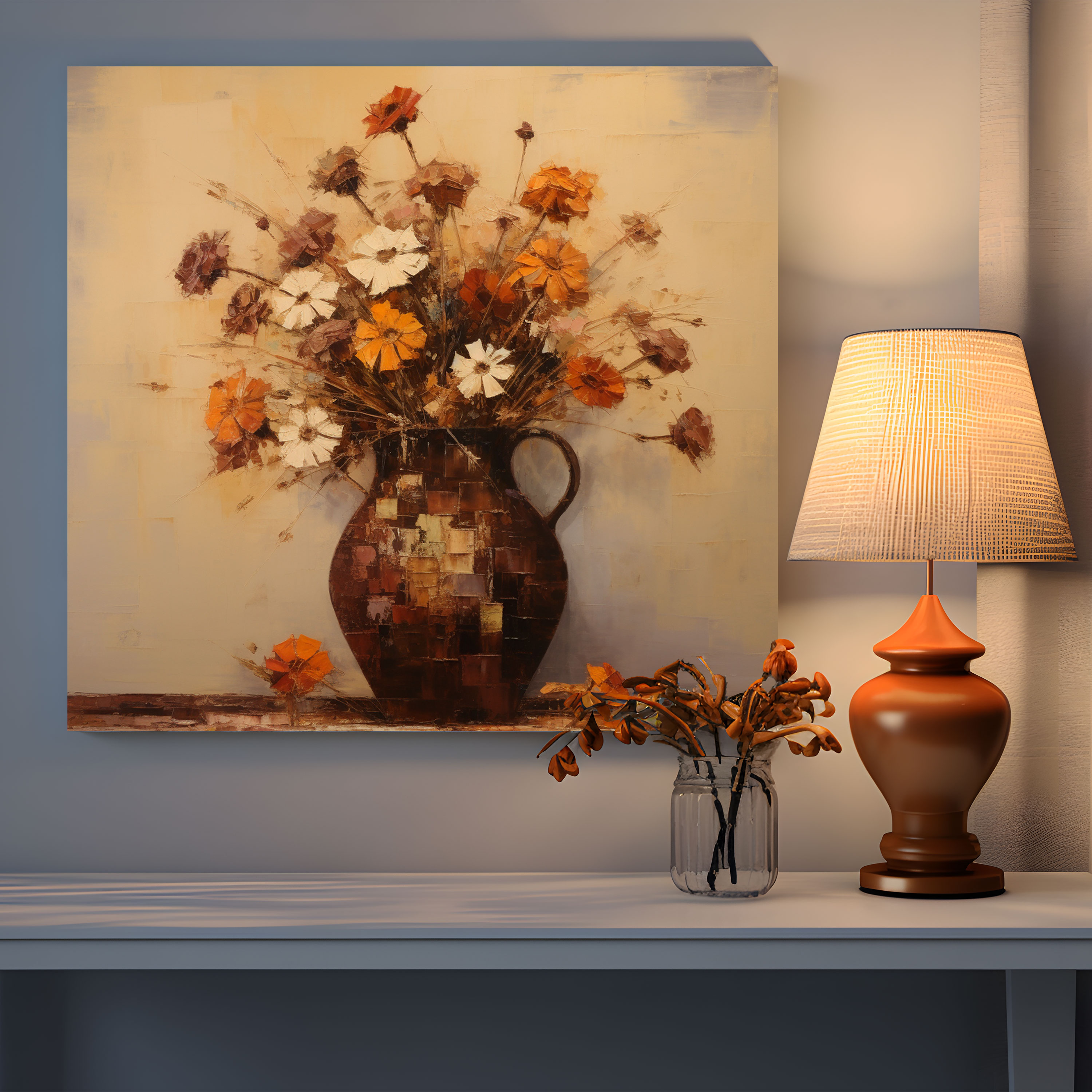 Impressionistic Dry Flower Oil Painting - Dry Flower, Canvas Print, Nostalgia, Warm Tones