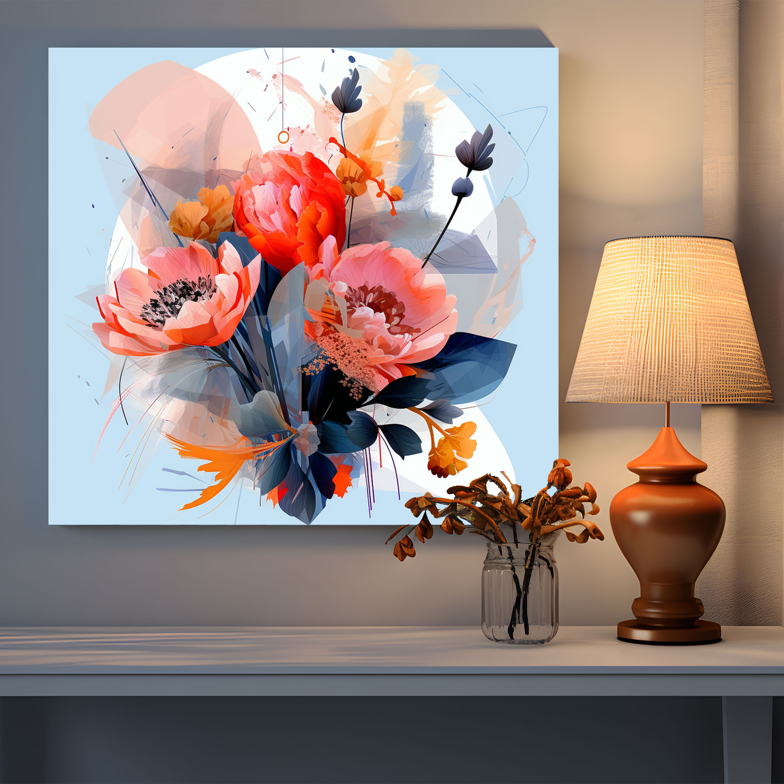 Geometric Dry Flower Wall Art - Dry Flower, Abstract Arrangement, Vibrant Colors, Canvas Print