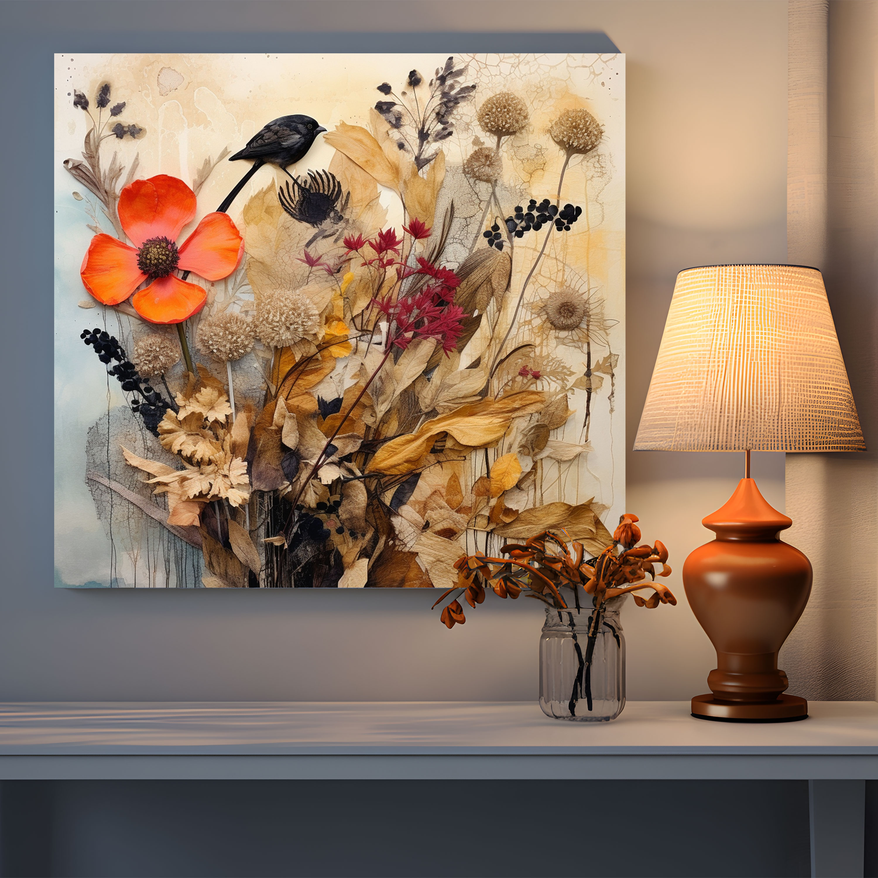 Contemporary Dry Flower Wall Art - Dry Flower, Abstract Elements, Dry Flower, Canvas Wall Art