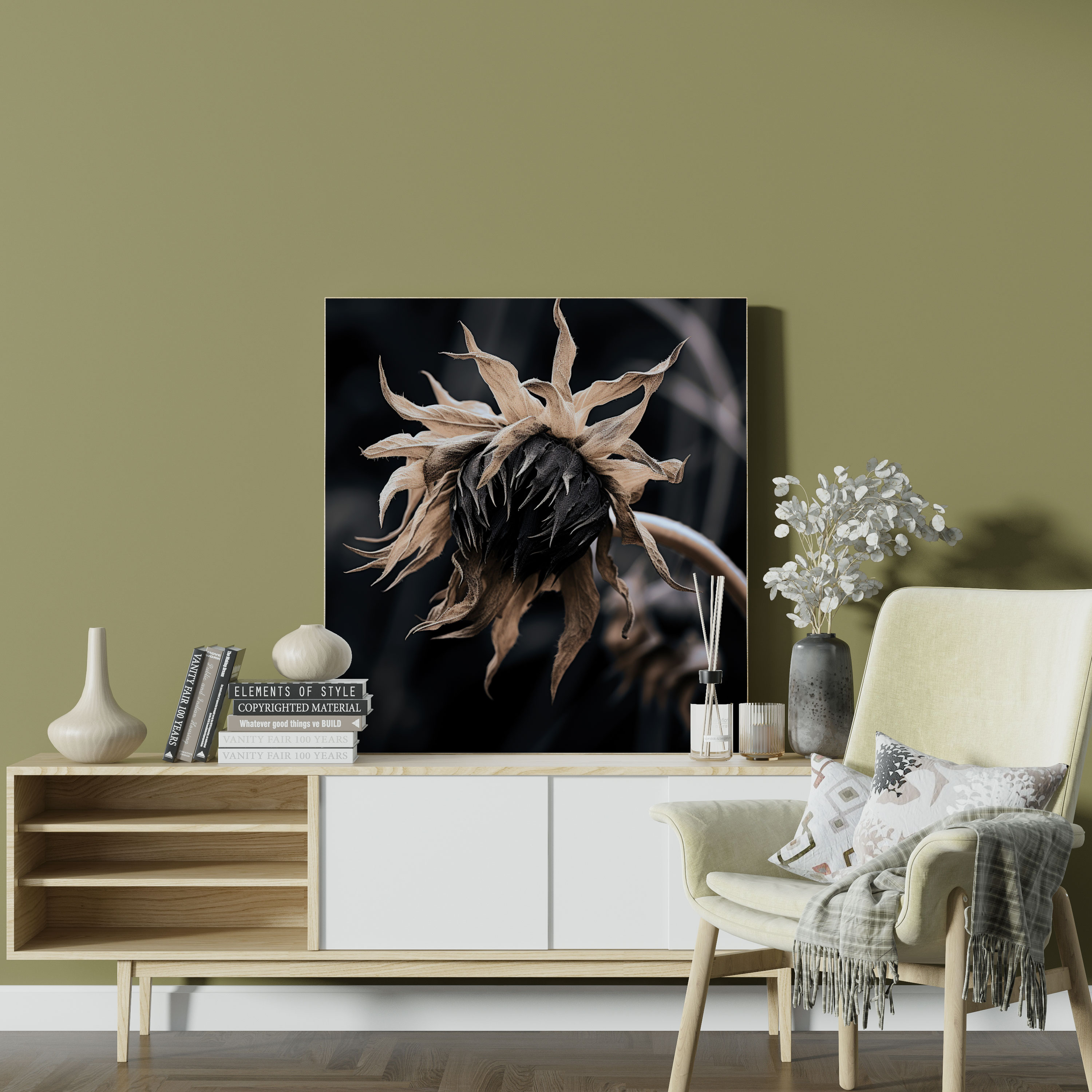 Monochrome Dry Flower Wall Art - Dry Flower, Canvas, Wall Art, Canvas Wall Art