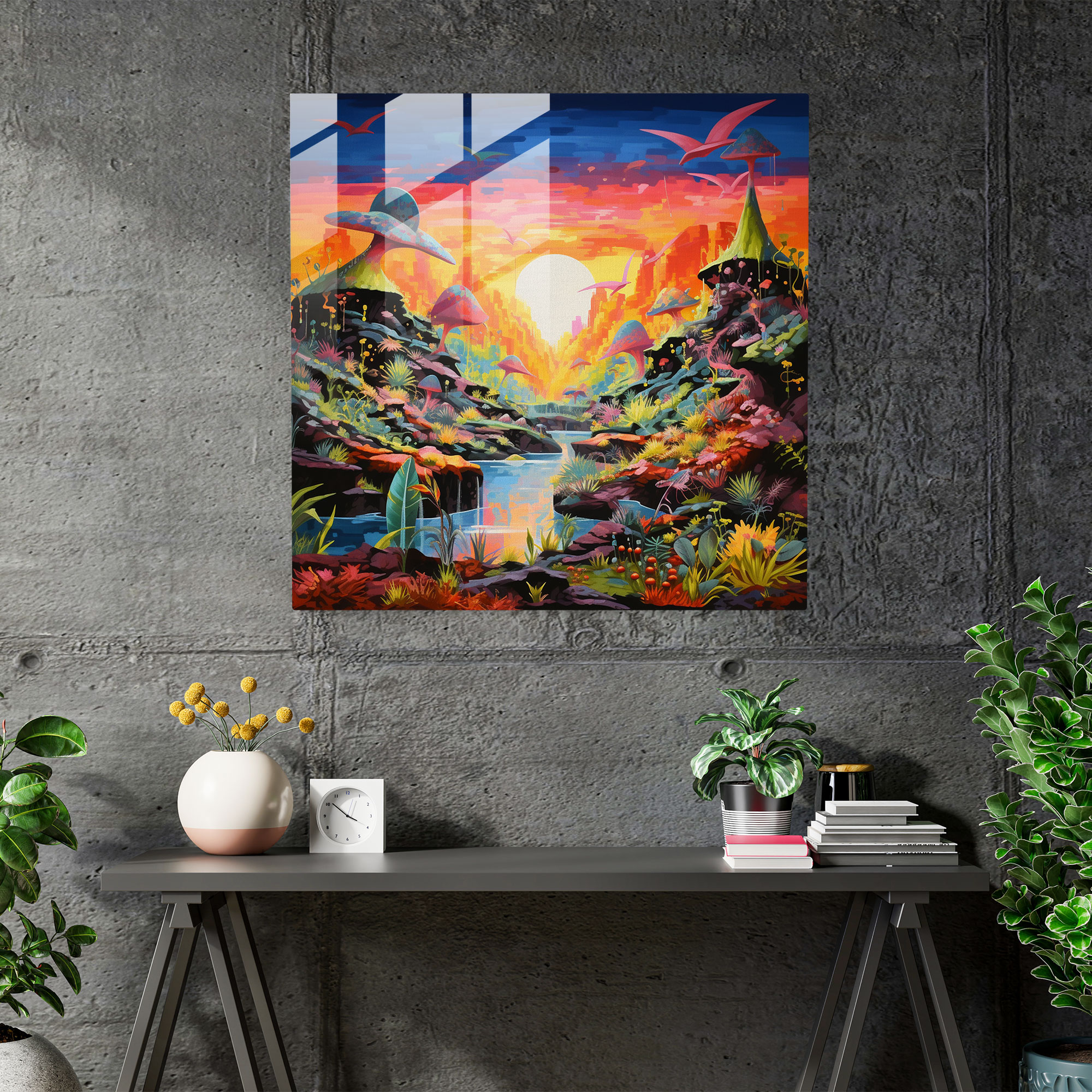 Mesmerizing Glass Print of Colorful Modern Abstract Dinosaur Scene by Gabriel Smith