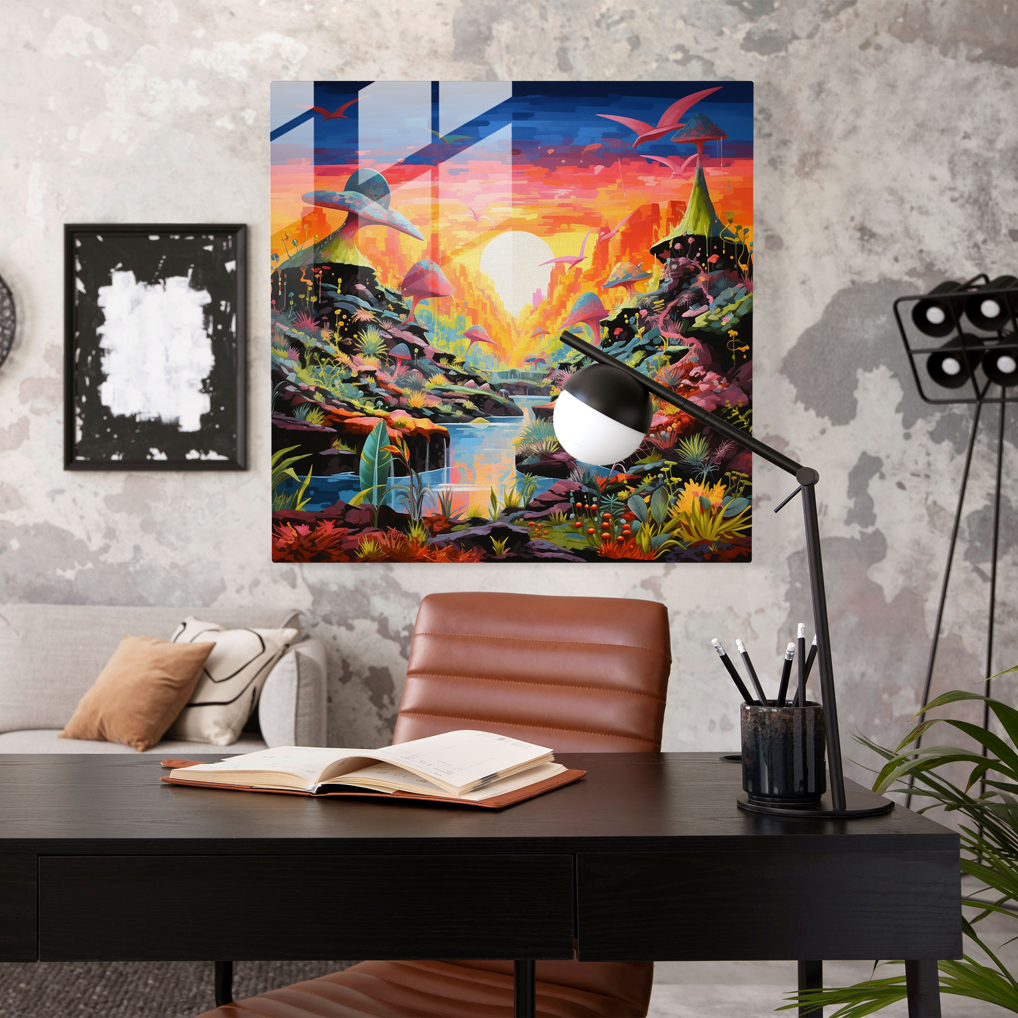 Mesmerizing Glass Print of Colorful Modern Abstract Dinosaur Scene by Gabriel Smith